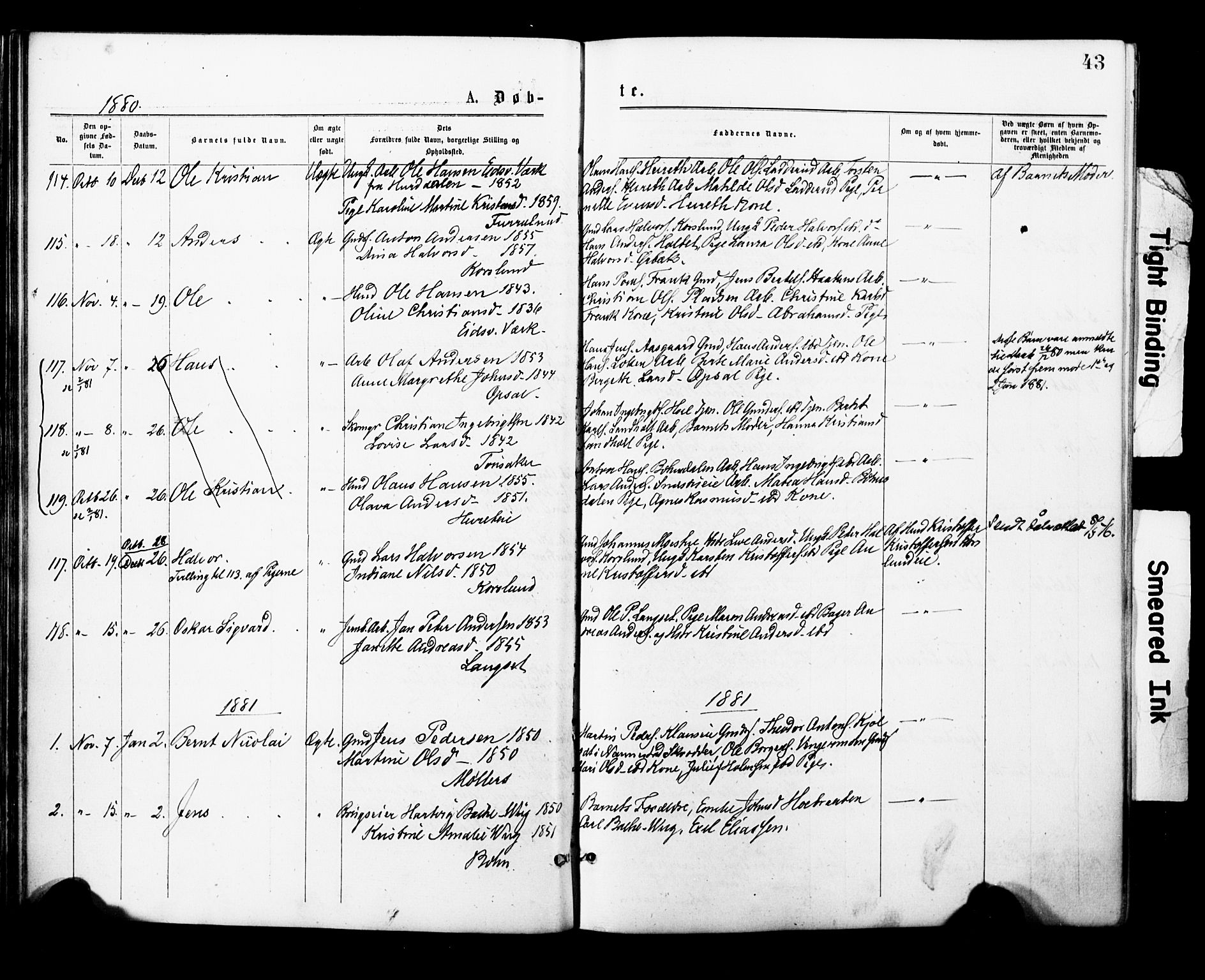 Eidsvoll prestekontor Kirkebøker, SAO/A-10888/F/Fa/L0001: Parish register (official) no. I 1, 1877-1881, p. 43