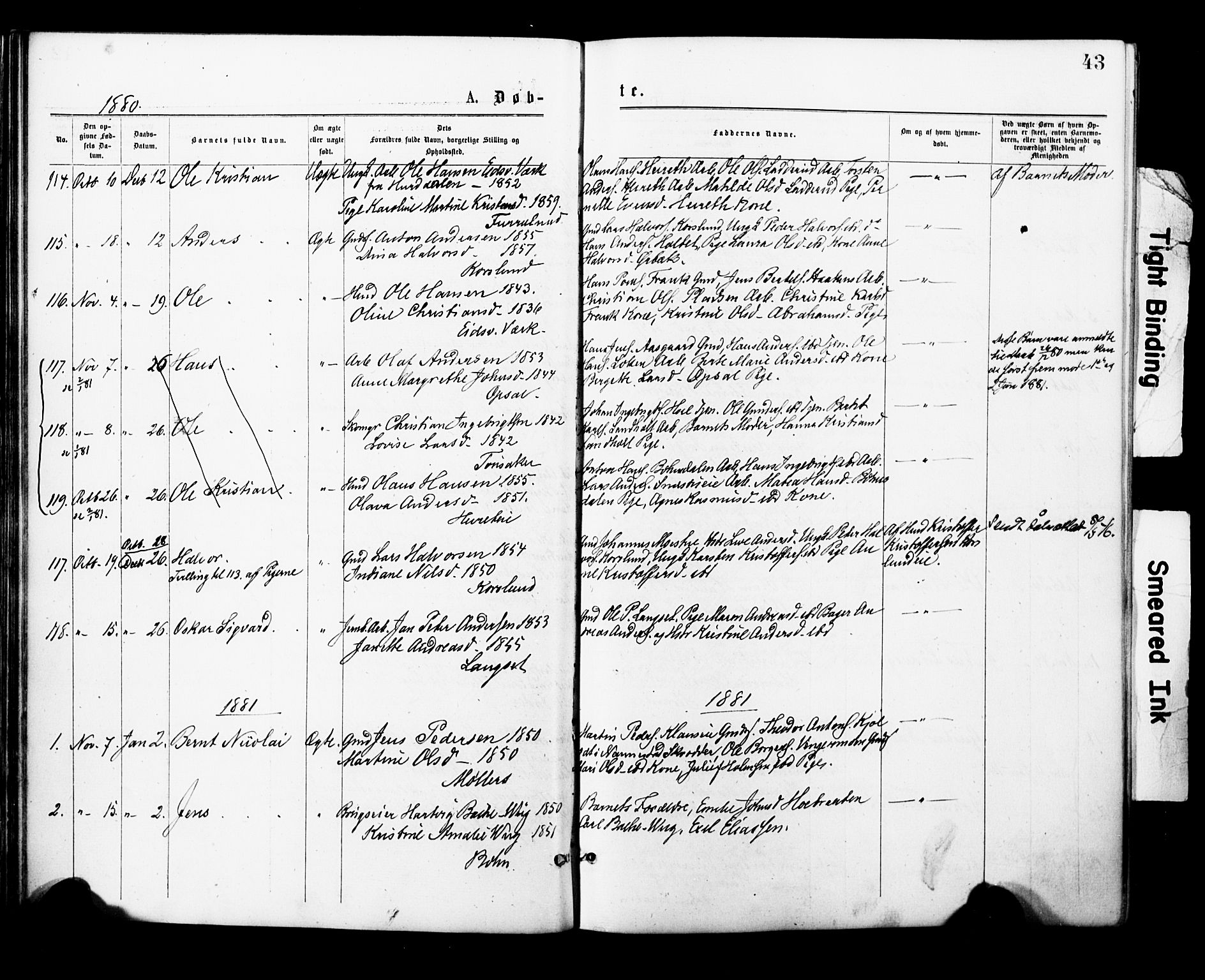 Eidsvoll prestekontor Kirkebøker, AV/SAO-A-10888/F/Fa/L0001: Parish register (official) no. I 1, 1877-1881, p. 43