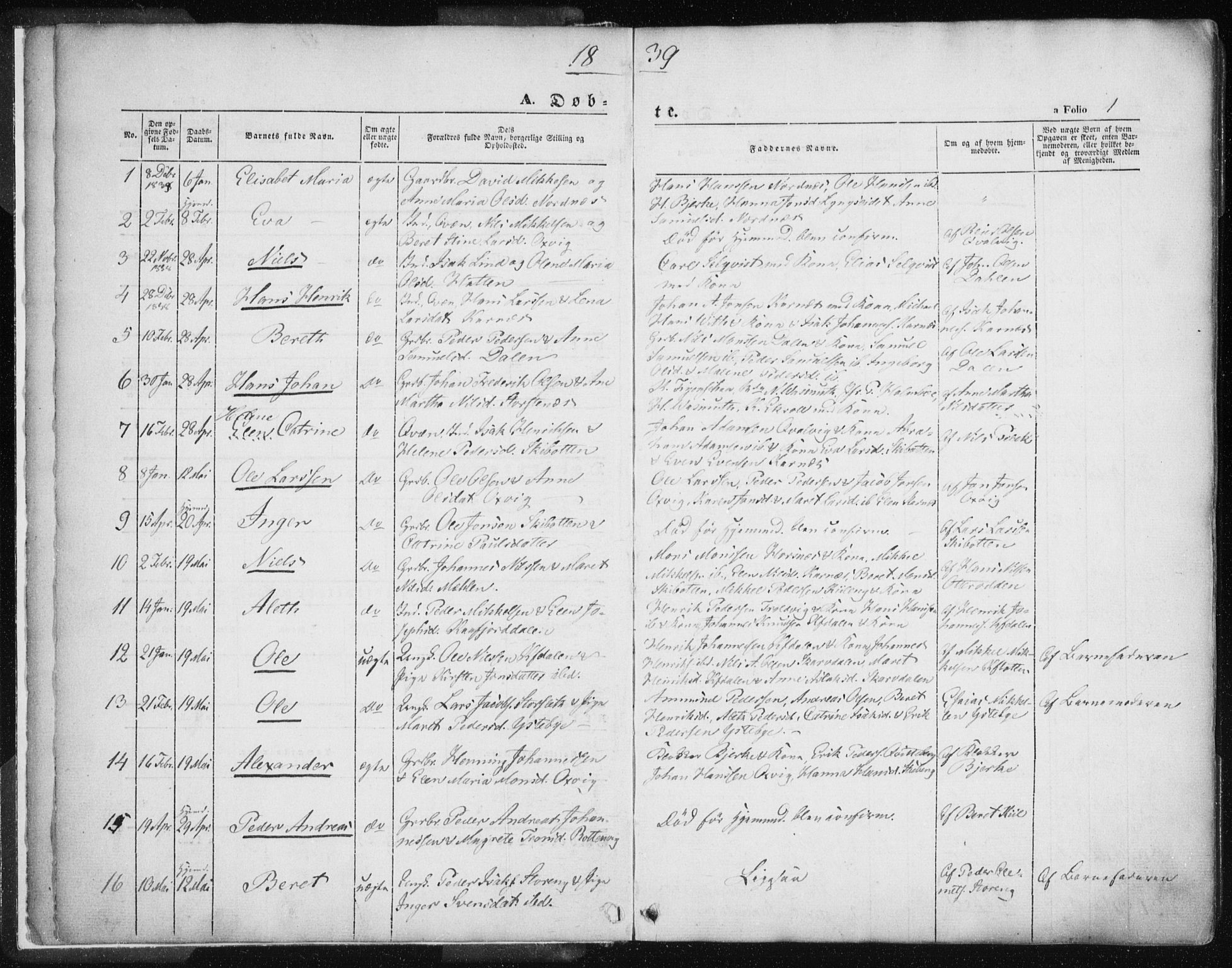 Lyngen sokneprestembete, SATØ/S-1289/H/He/Hea/L0004kirke: Parish register (official) no. 4, 1839-1858, p. 1