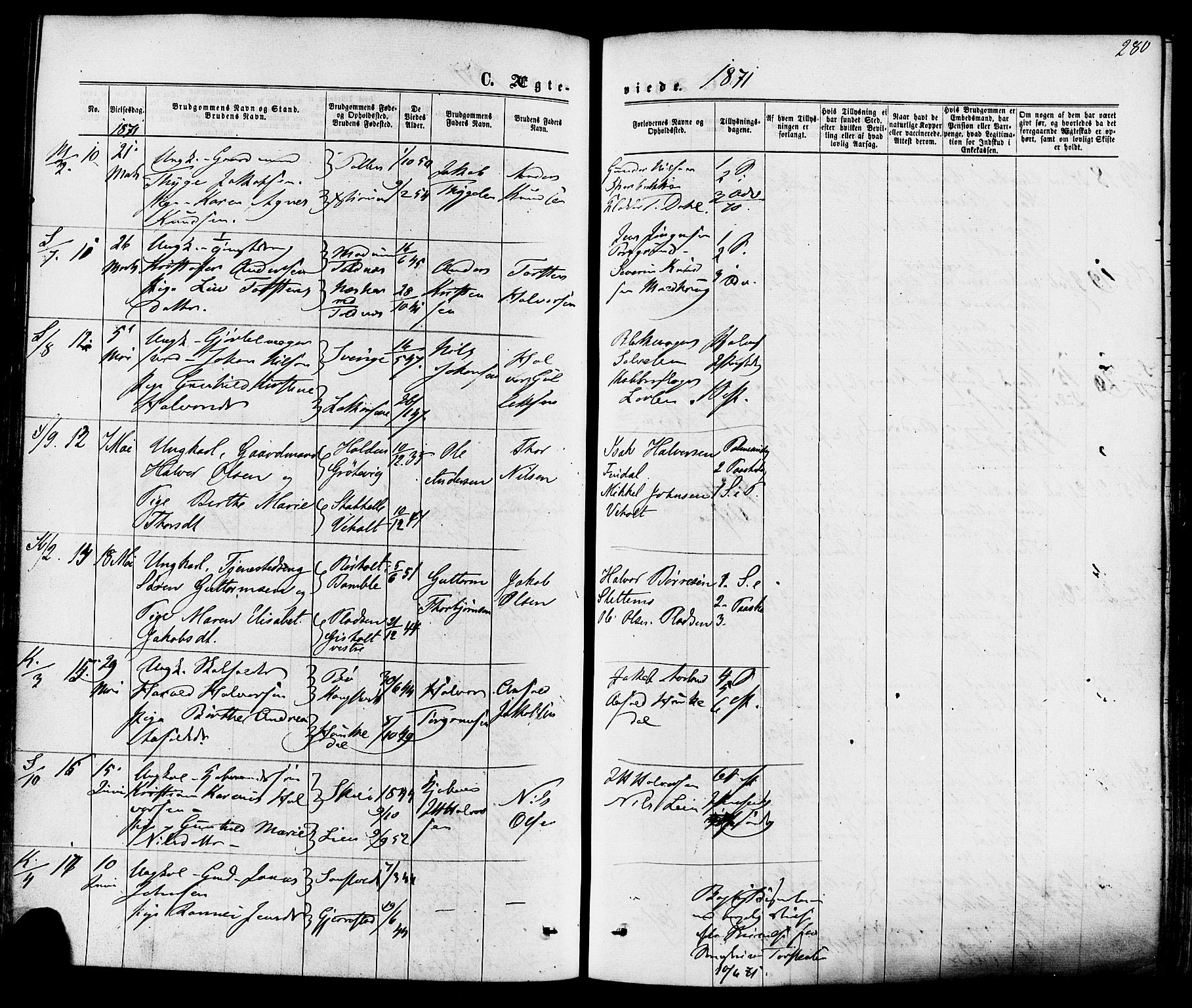 Solum kirkebøker, SAKO/A-306/F/Fa/L0008: Parish register (official) no. I 8, 1865-1876, p. 280