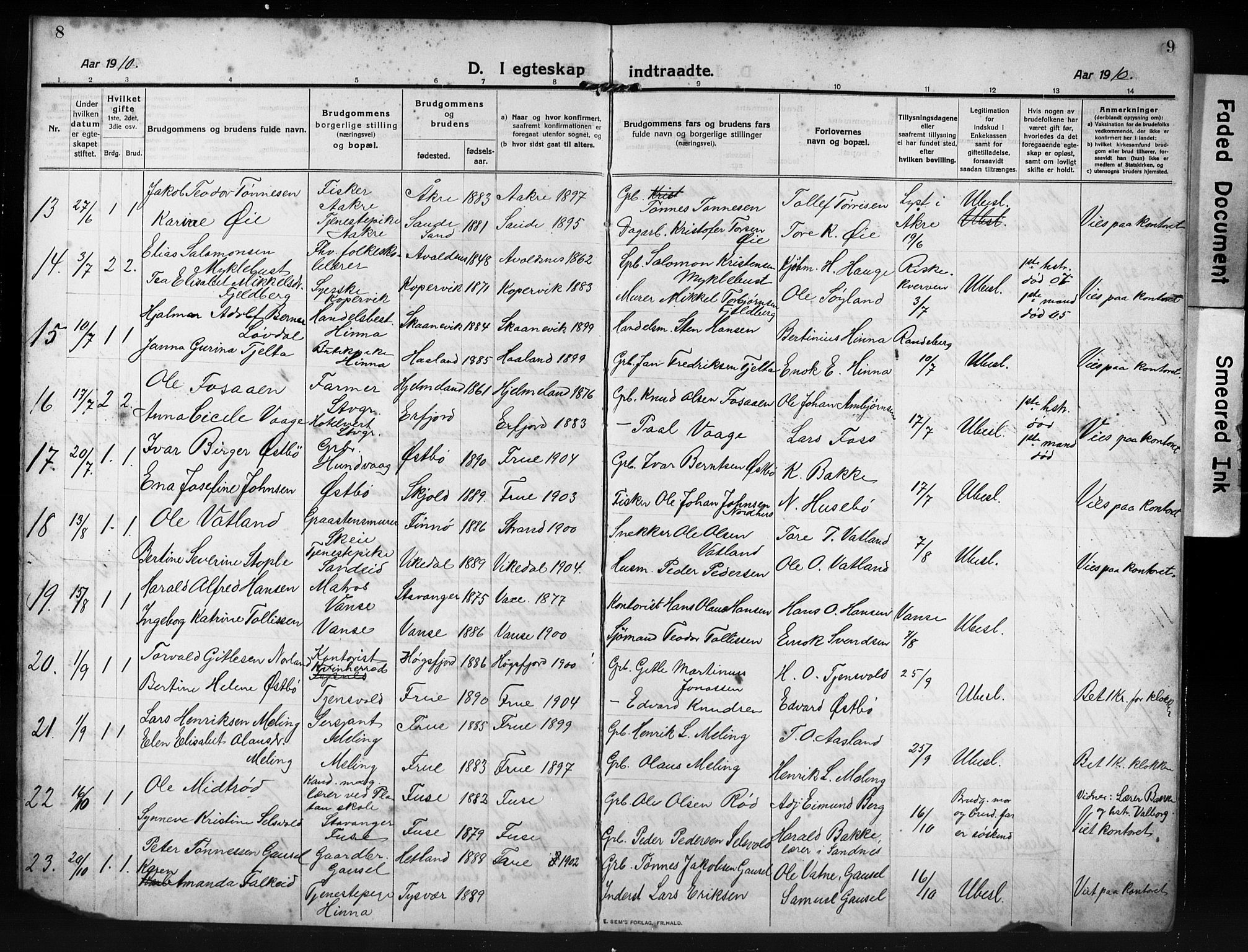 Hetland sokneprestkontor, SAST/A-101826/30/30BB/L0009: Parish register (copy) no. B 9, 1910-1931, p. 8-9