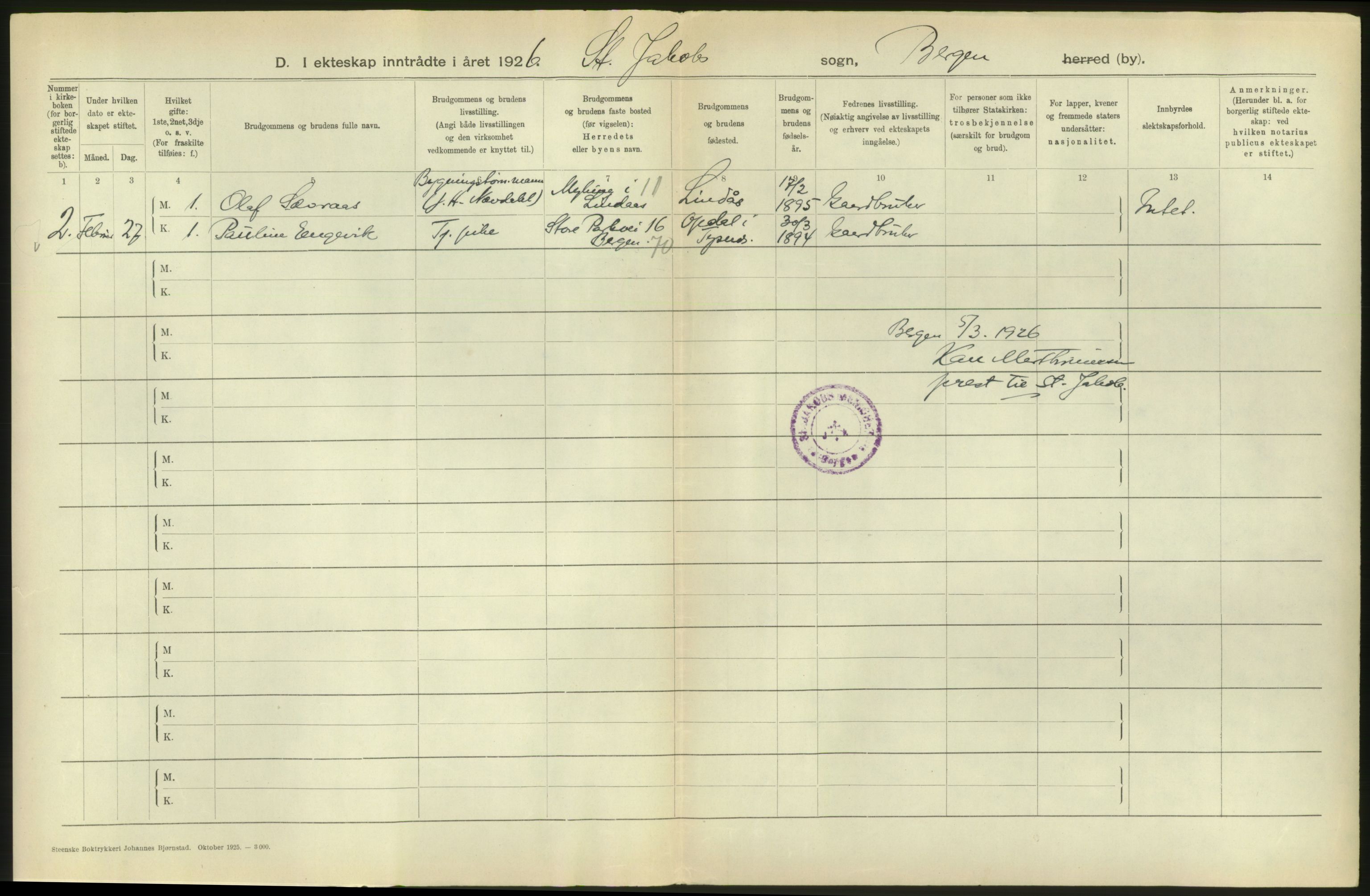 Statistisk sentralbyrå, Sosiodemografiske emner, Befolkning, AV/RA-S-2228/D/Df/Dfc/Dfcf/L0028: Bergen: Gifte, døde, dødfødte., 1926, p. 24