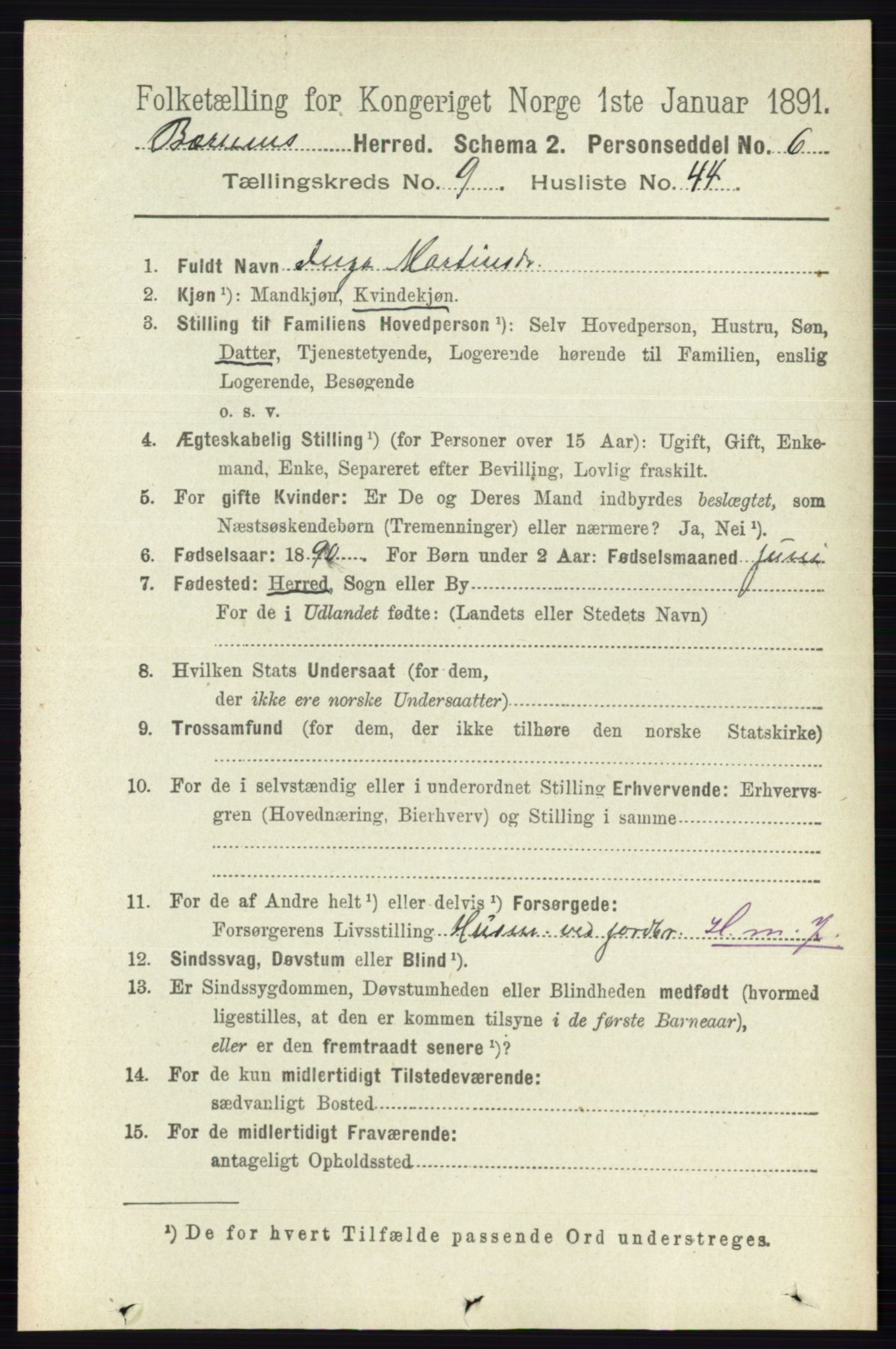 RA, 1891 census for 0219 Bærum, 1891, p. 5586