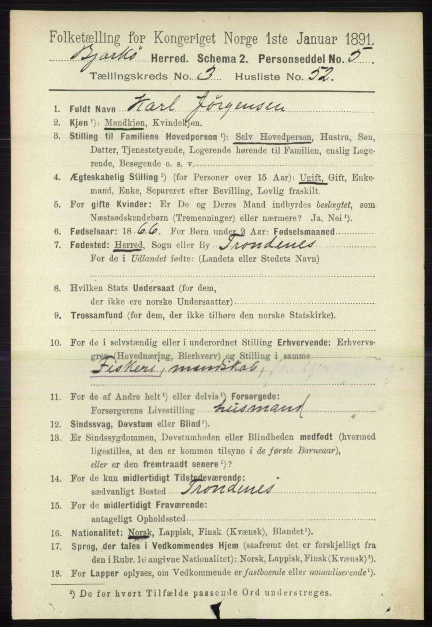 RA, 1891 census for 1915 Bjarkøy, 1891, p. 1868