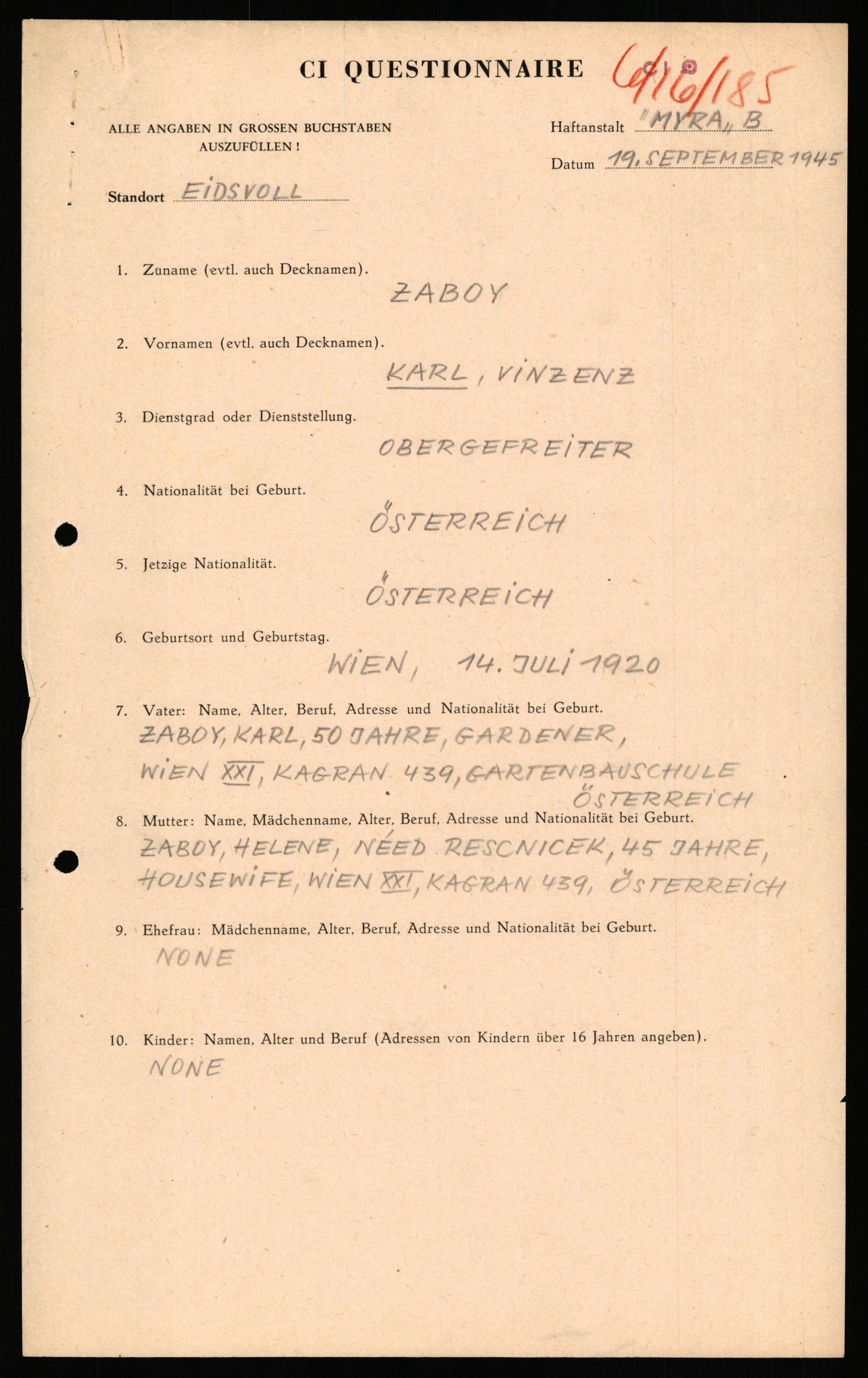 Forsvaret, Forsvarets overkommando II, AV/RA-RAFA-3915/D/Db/L0040: CI Questionaires. Tyske okkupasjonsstyrker i Norge. Østerrikere., 1945-1946, p. 452