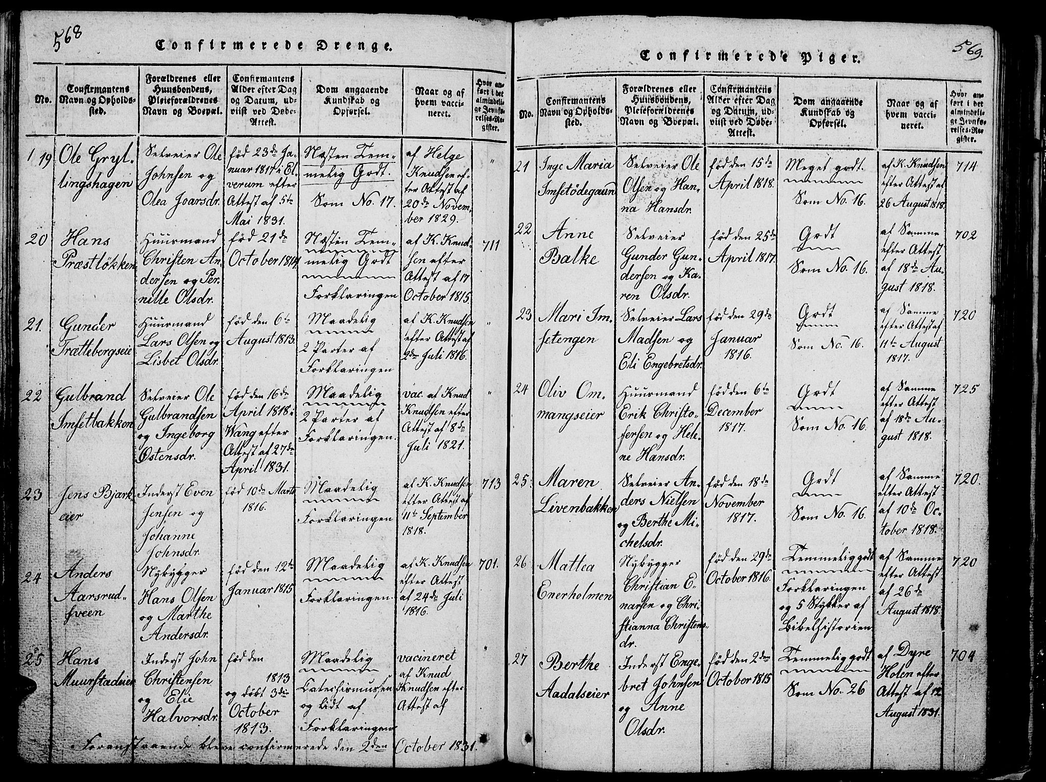 Løten prestekontor, AV/SAH-PREST-022/L/La/L0001: Parish register (copy) no. 1, 1812-1832, p. 568-569