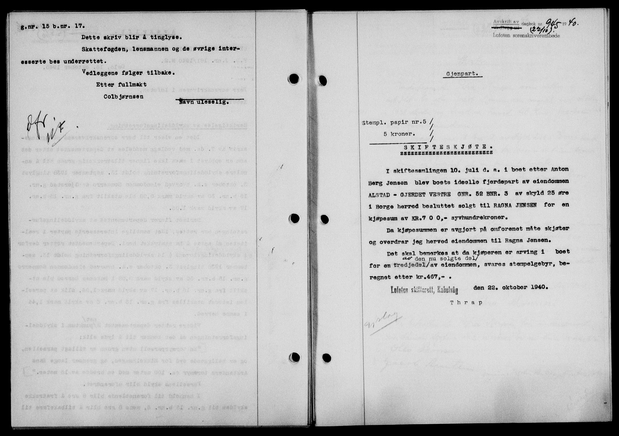 Lofoten sorenskriveri, SAT/A-0017/1/2/2C/L0007a: Mortgage book no. 7a, 1939-1940, Diary no: : 945/1940