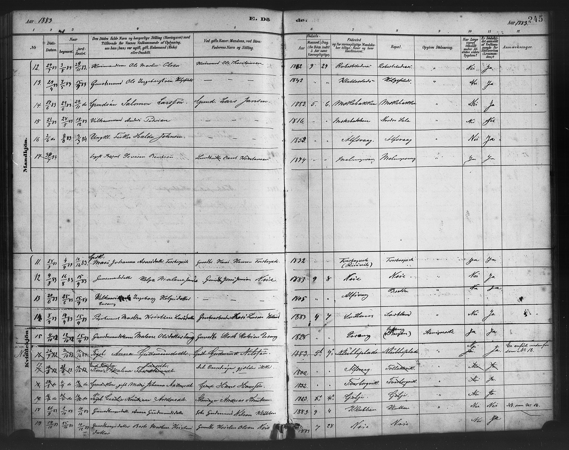 Finnås sokneprestembete, AV/SAB-A-99925/H/Ha/Haa/Haac/L0001: Parish register (official) no. C 1, 1881-1894, p. 245