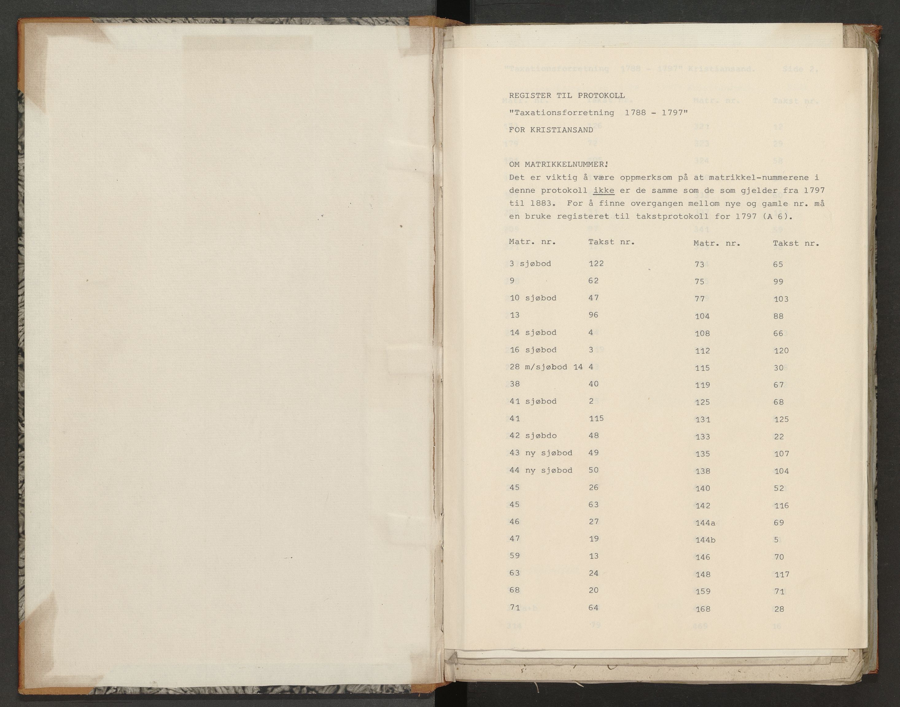 Norges Brannkasse Kristiansand, AV/SAK-2241-0030/F/Fa/L0007: Branntakstprotokoll nr. A5 med register etter matrikkelnummer, 1787-1797