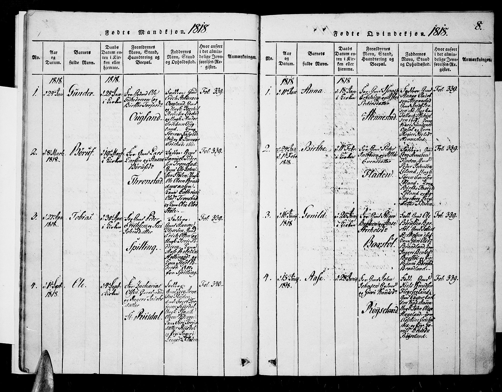 Nord-Audnedal sokneprestkontor, SAK/1111-0032/F/Fa/Fab/L0001: Parish register (official) no. A 1, 1816-1858, p. 8