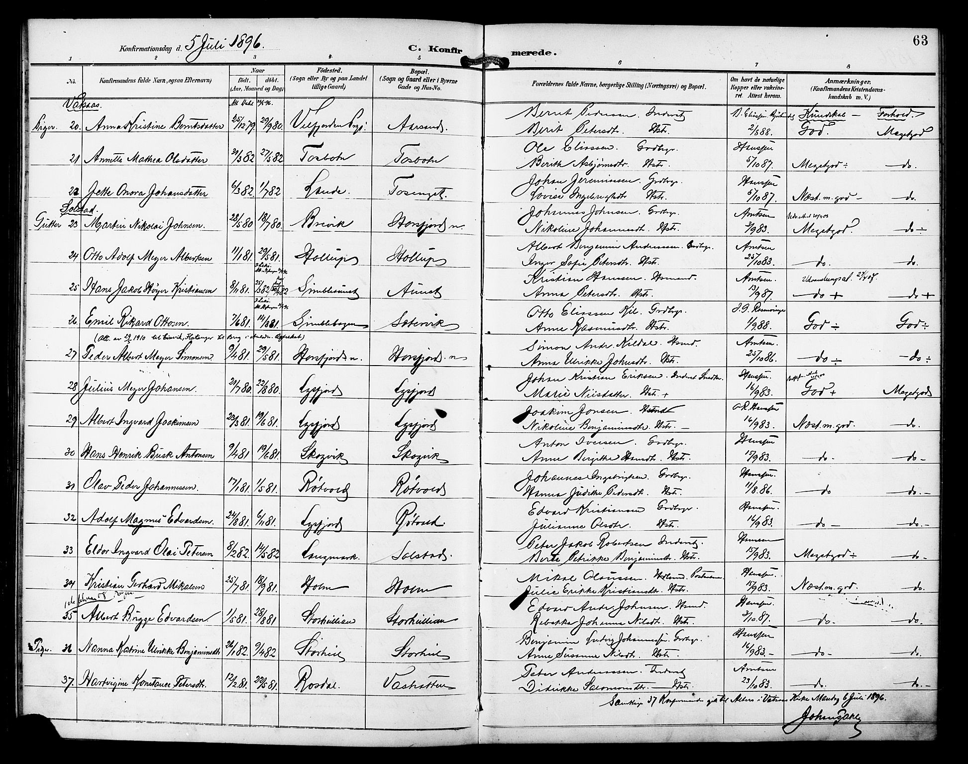 Ministerialprotokoller, klokkerbøker og fødselsregistre - Nordland, AV/SAT-A-1459/810/L0152: Parish register (official) no. 810A11, 1895-1899, p. 63