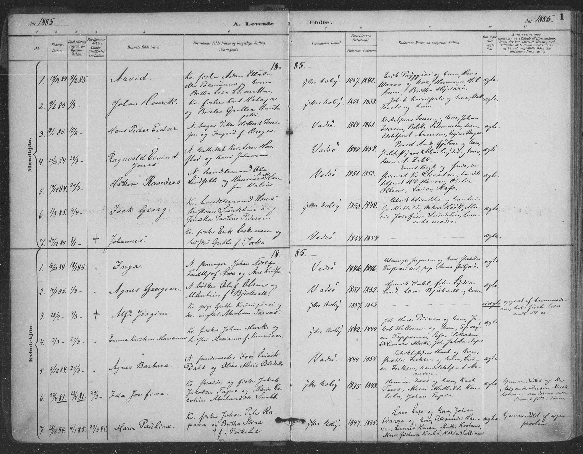 Vadsø sokneprestkontor, AV/SATØ-S-1325/H/Ha/L0006kirke: Parish register (official) no. 6, 1885-1895, p. 1