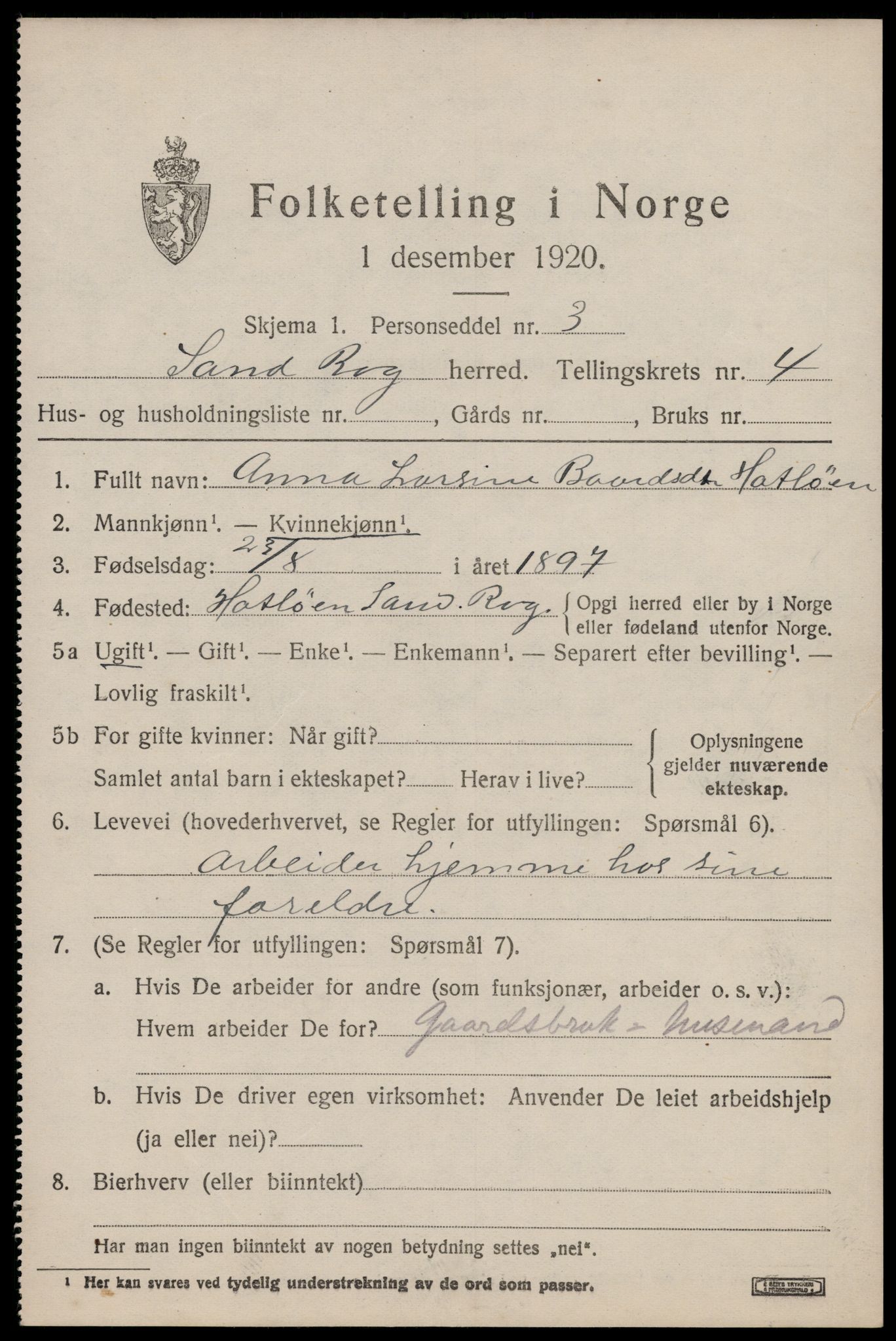 SAST, 1920 census for Sand, 1920, p. 1885