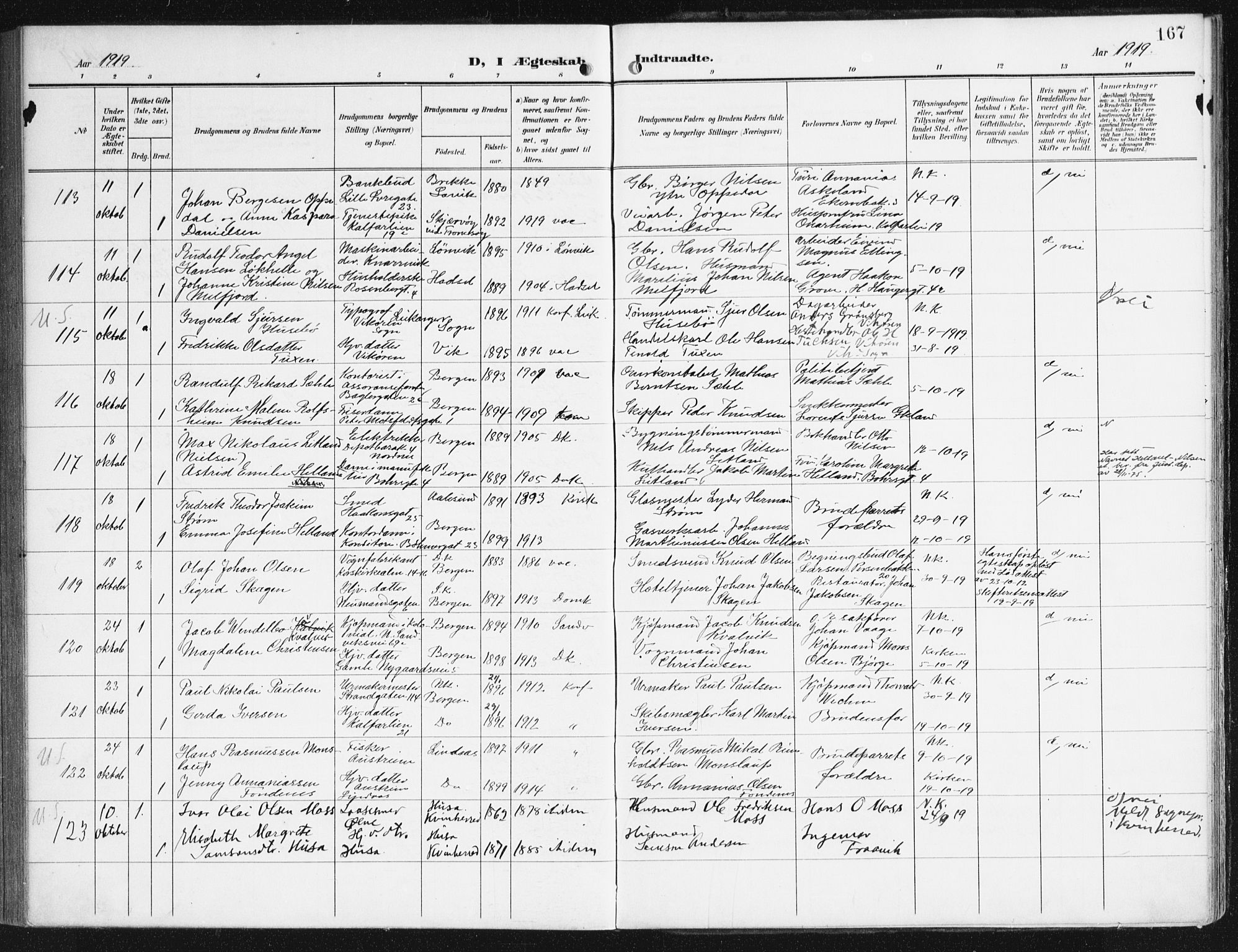 Domkirken sokneprestembete, SAB/A-74801/H/Haa/L0038: Parish register (official) no. D 5, 1906-1921, p. 167