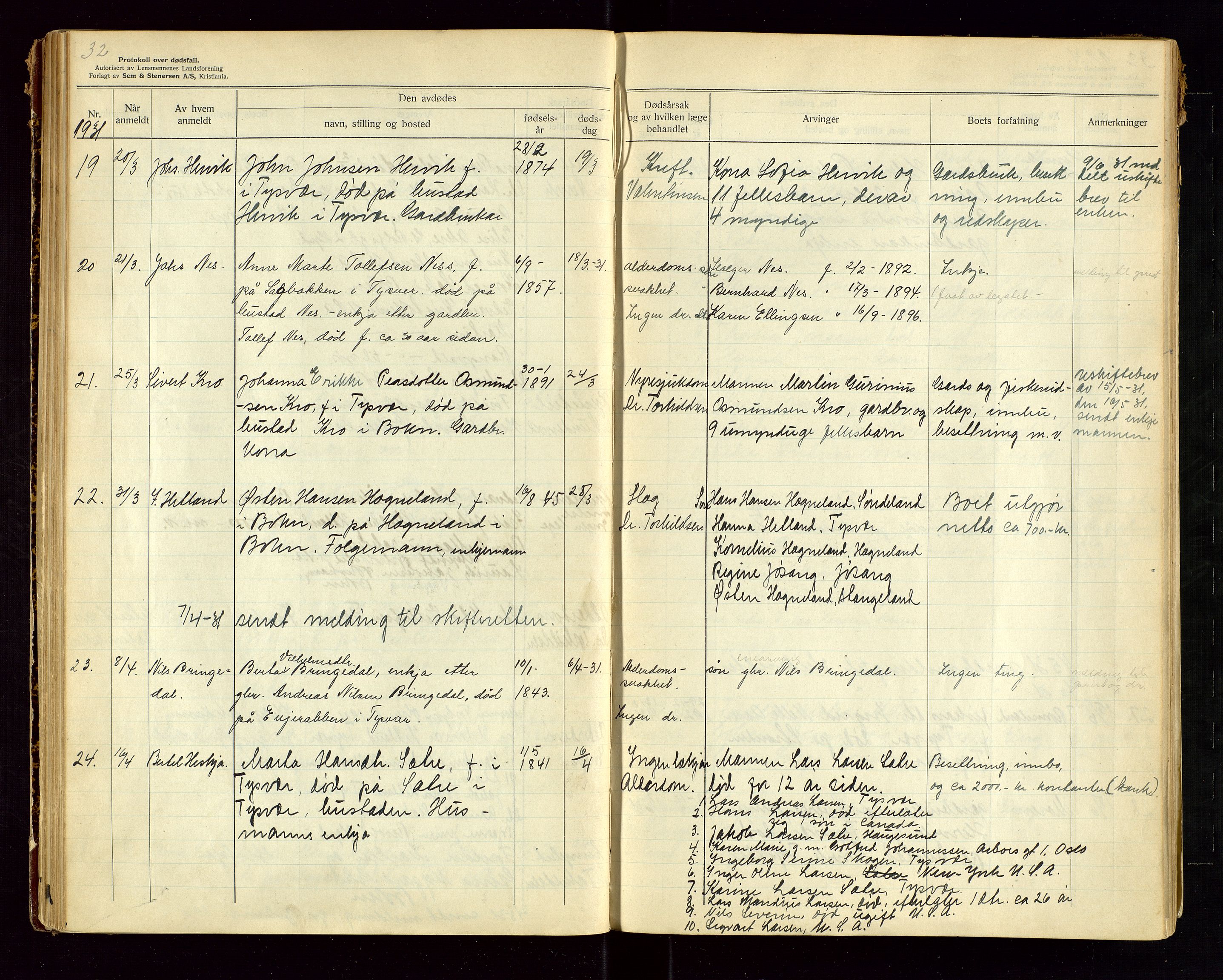 Tysvær lensmannskontor, AV/SAST-A-100192/Gga/L0004: "Protokol over anmeldte dødsfall i Tysvær lensmanndsdistrikt" med register, 1927-1949, p. 32