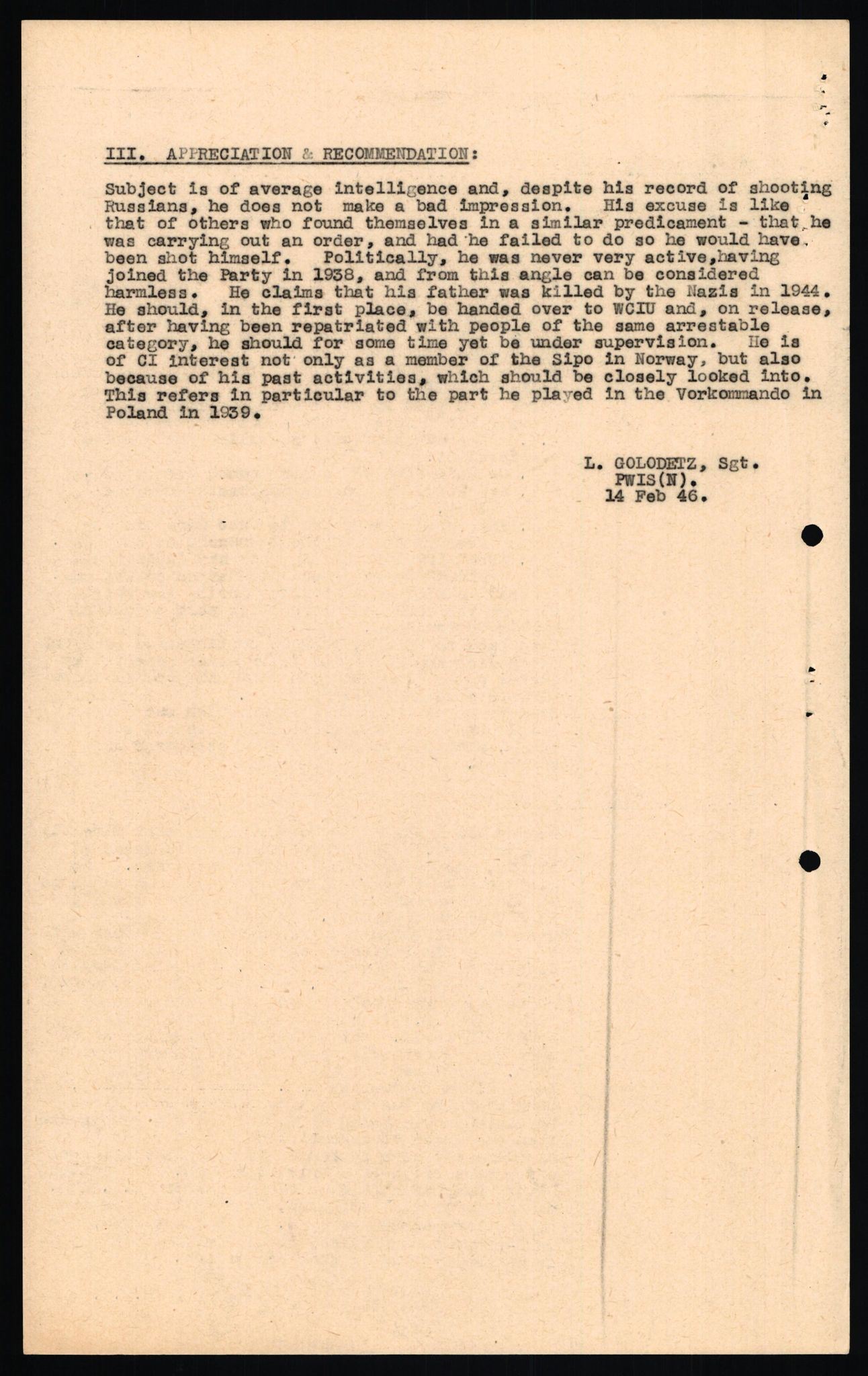 Forsvaret, Forsvarets overkommando II, AV/RA-RAFA-3915/D/Db/L0009: CI Questionaires. Tyske okkupasjonsstyrker i Norge. Tyskere., 1945-1946, p. 546