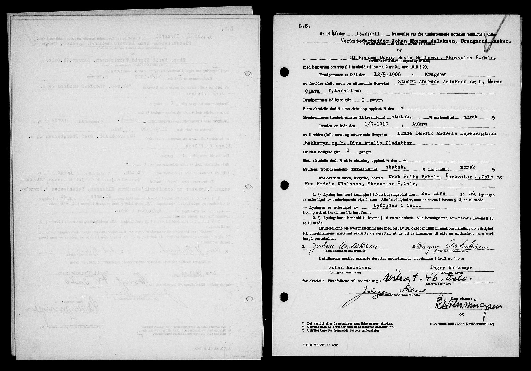 Oslo byfogd avd. I, AV/SAO-A-10220/L/Lb/Lbb/L0056: Notarialprotokoll, rekke II: Vigsler, 1946