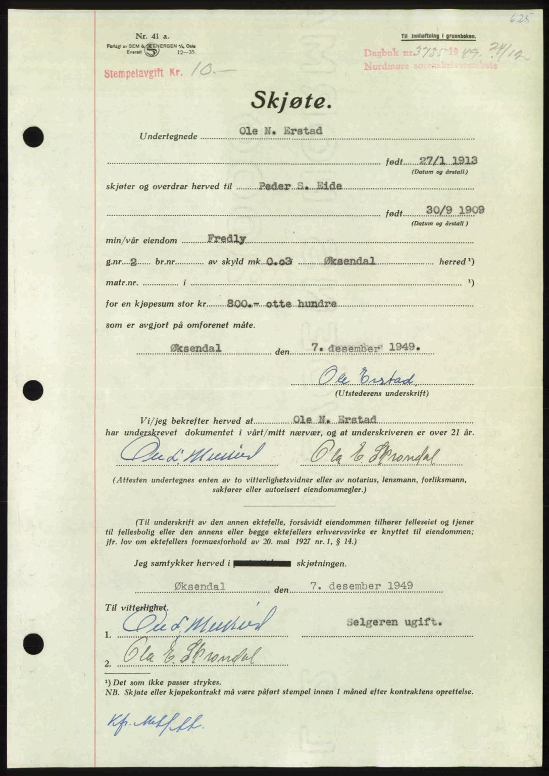 Nordmøre sorenskriveri, AV/SAT-A-4132/1/2/2Ca: Mortgage book no. A113, 1949-1950, Diary no: : 3735/1949