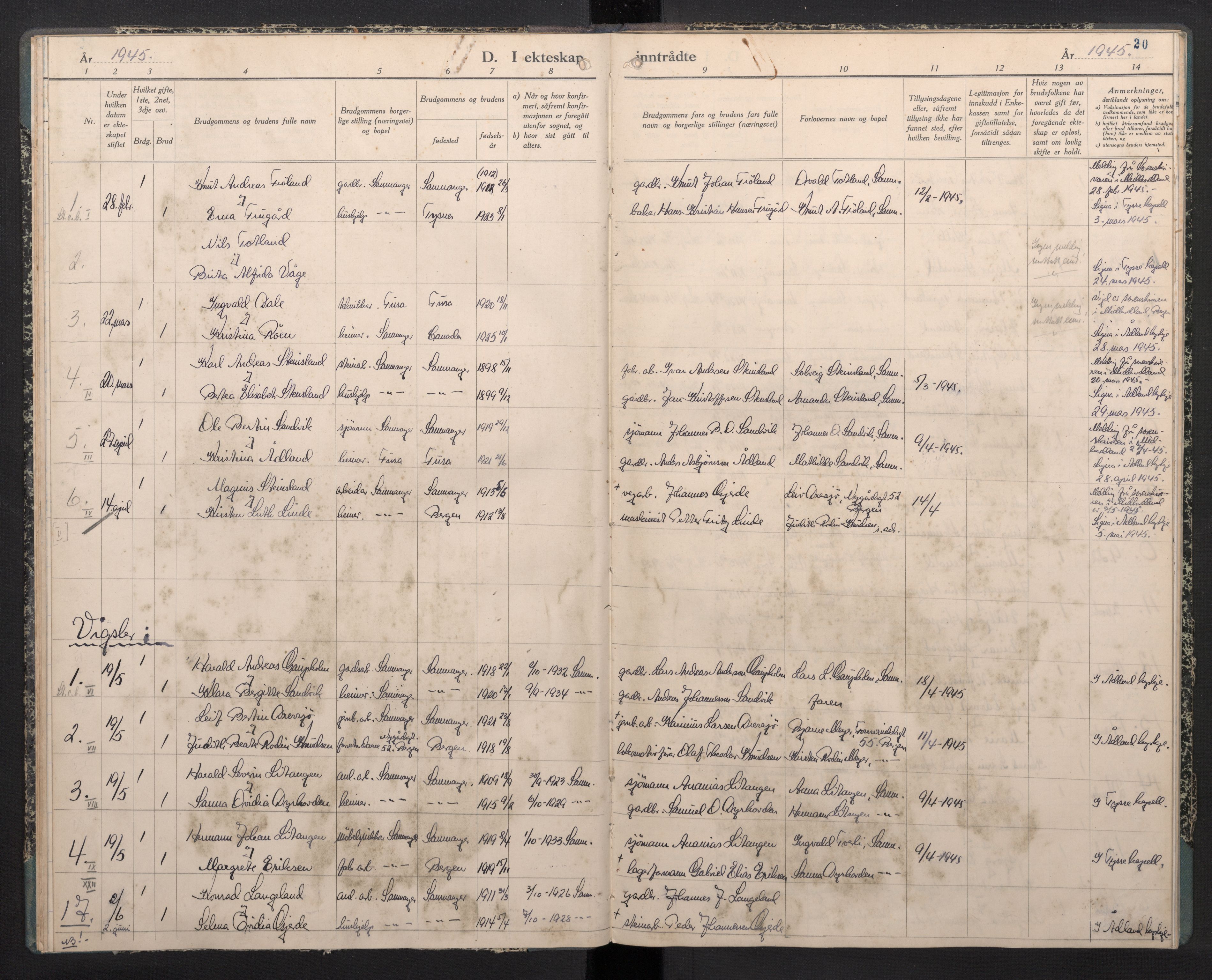 Samnanger Sokneprestembete, SAB/A-77501/H/Haa: Parish register (official) no. E 2, 1944-1945, p. 20