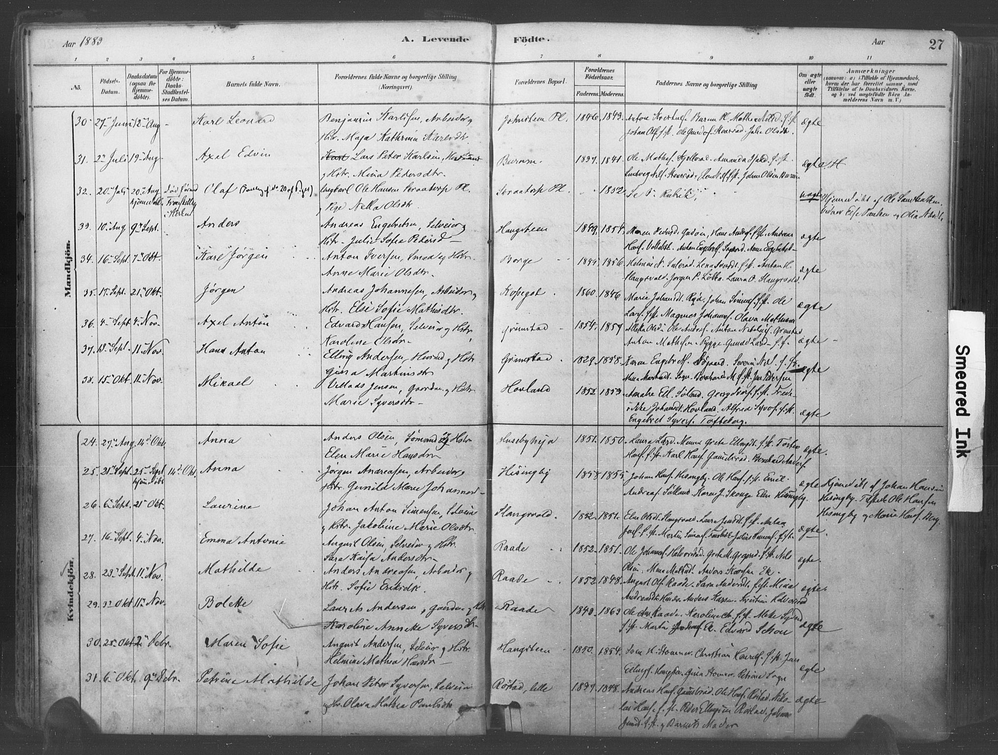 Råde prestekontor kirkebøker, AV/SAO-A-2009/F/Fa/L0007: Parish register (official) no. 7, 1878-1902, p. 27