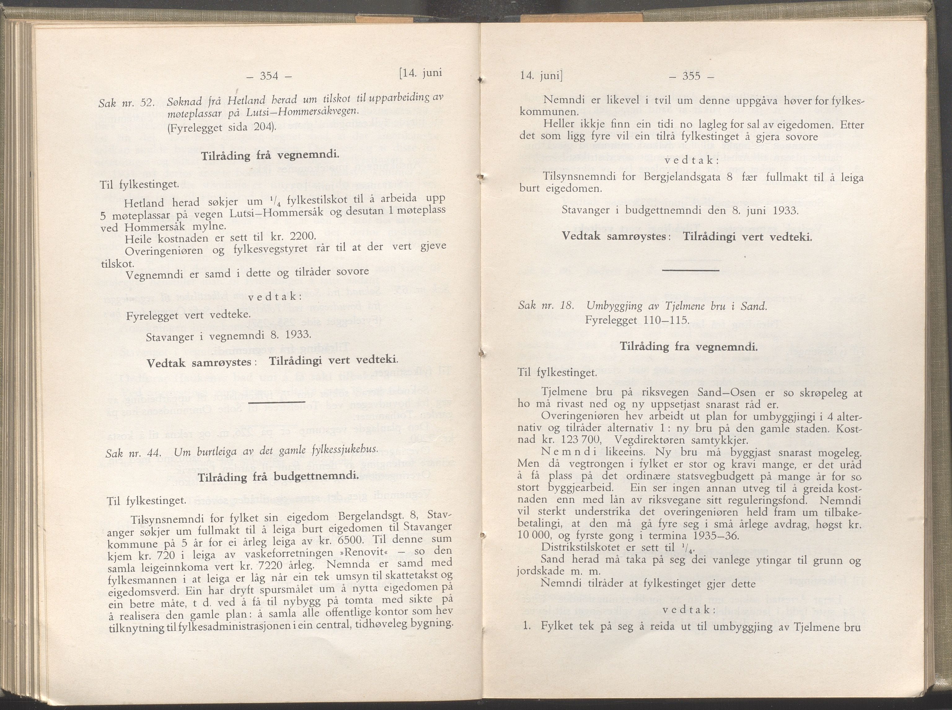 Rogaland fylkeskommune - Fylkesrådmannen , IKAR/A-900/A/Aa/Aaa/L0052: Møtebok , 1933, p. 354-355