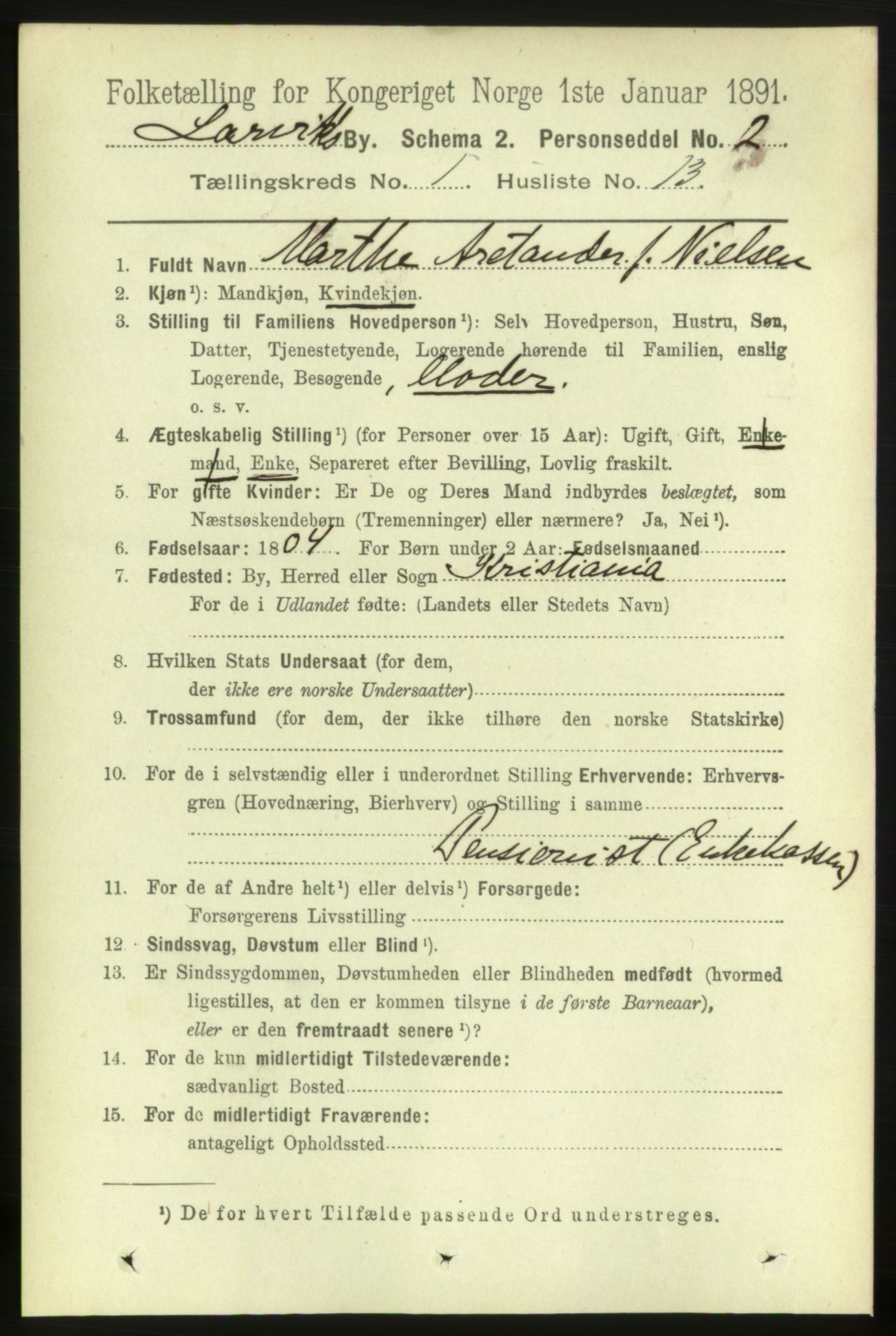 RA, 1891 census for 0707 Larvik, 1891, p. 2453