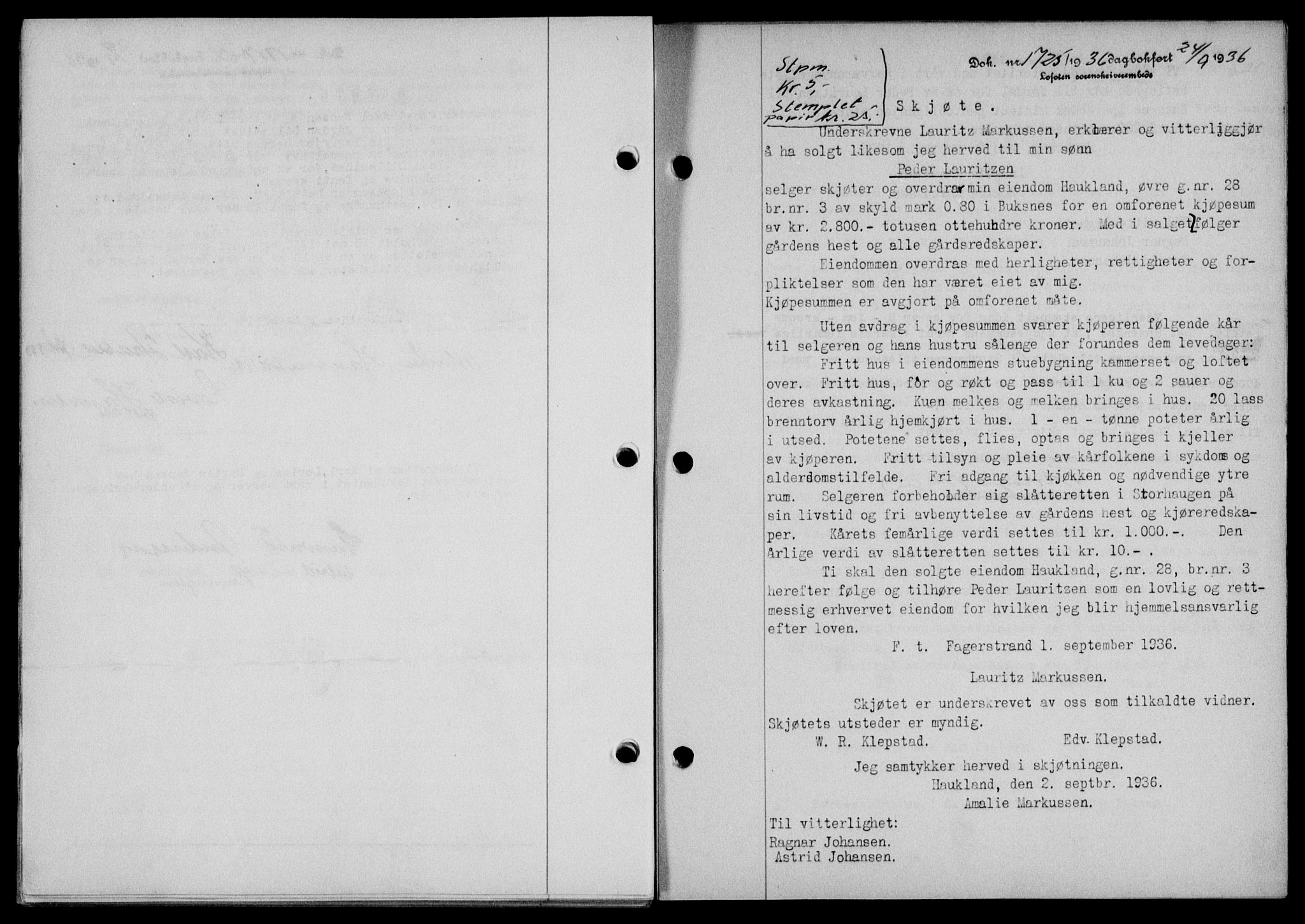 Lofoten sorenskriveri, SAT/A-0017/1/2/2C/L0001a: Mortgage book no. 1a, 1936-1937, Diary no: : 1725/1936