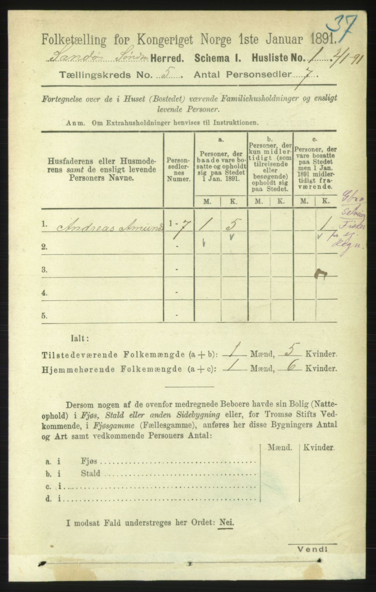 RA, 1891 census for 1514 Sande, 1891, p. 649