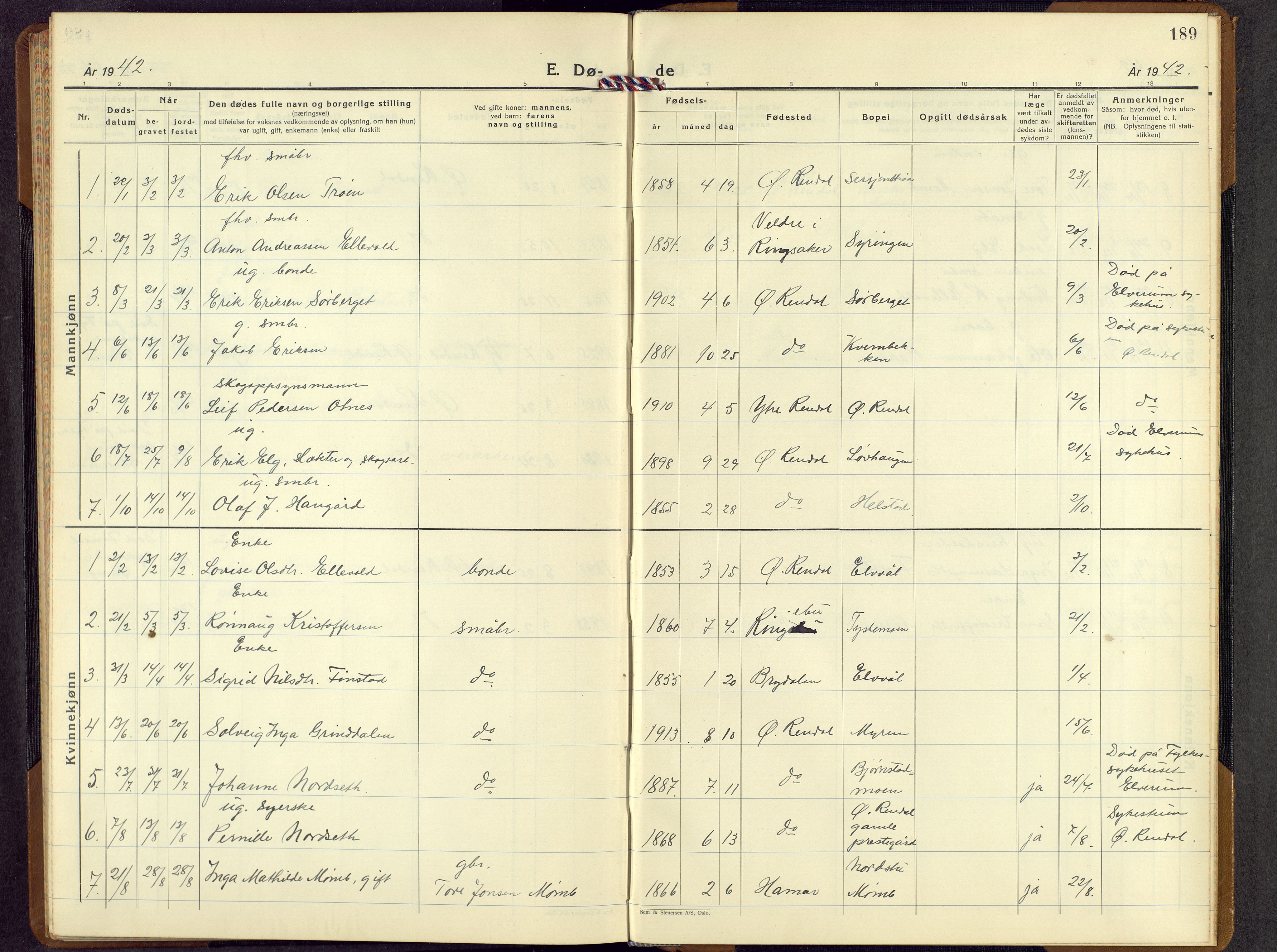 Rendalen prestekontor, AV/SAH-PREST-054/H/Ha/Hab/L0005: Parish register (copy) no. 5, 1931-1959, p. 189