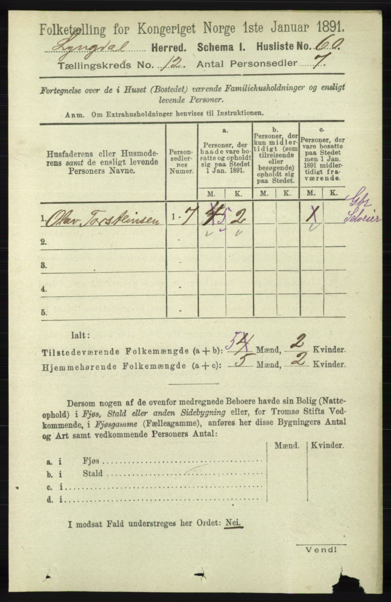 RA, 1891 census for 1032 Lyngdal, 1891, p. 5252