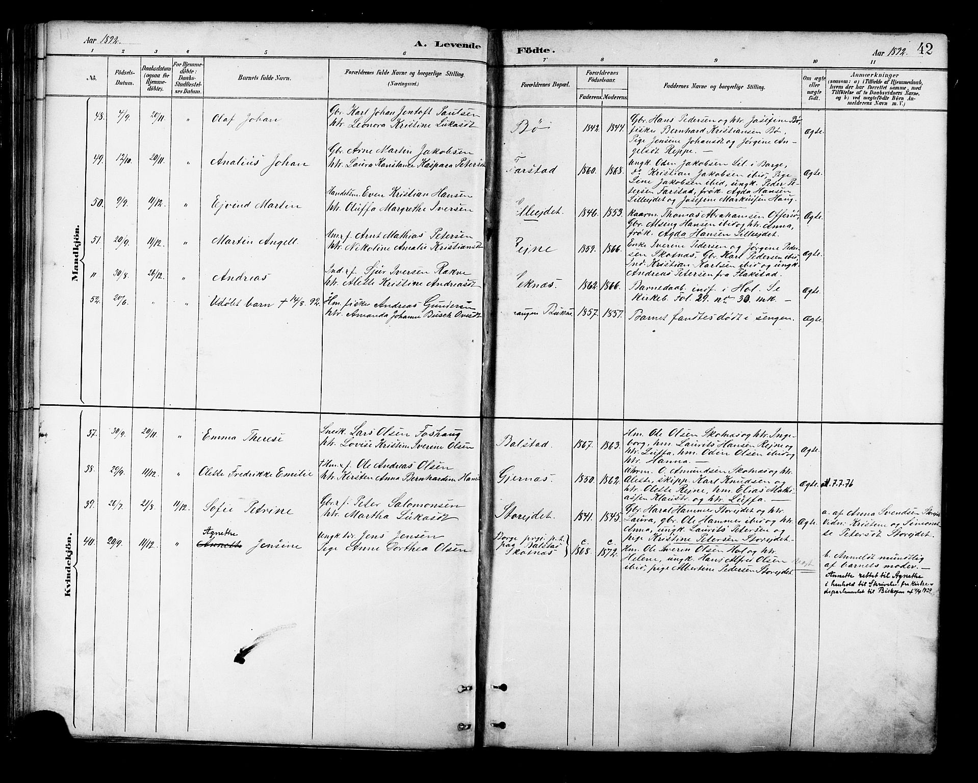 Ministerialprotokoller, klokkerbøker og fødselsregistre - Nordland, SAT/A-1459/881/L1167: Parish register (copy) no. 881C04, 1886-1899, p. 42