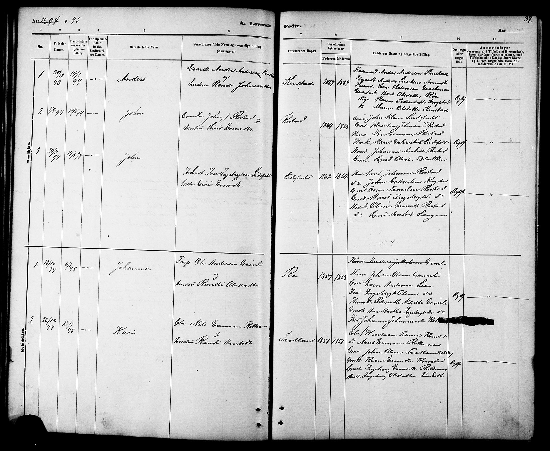Ministerialprotokoller, klokkerbøker og fødselsregistre - Sør-Trøndelag, SAT/A-1456/694/L1132: Parish register (copy) no. 694C04, 1887-1914, p. 37