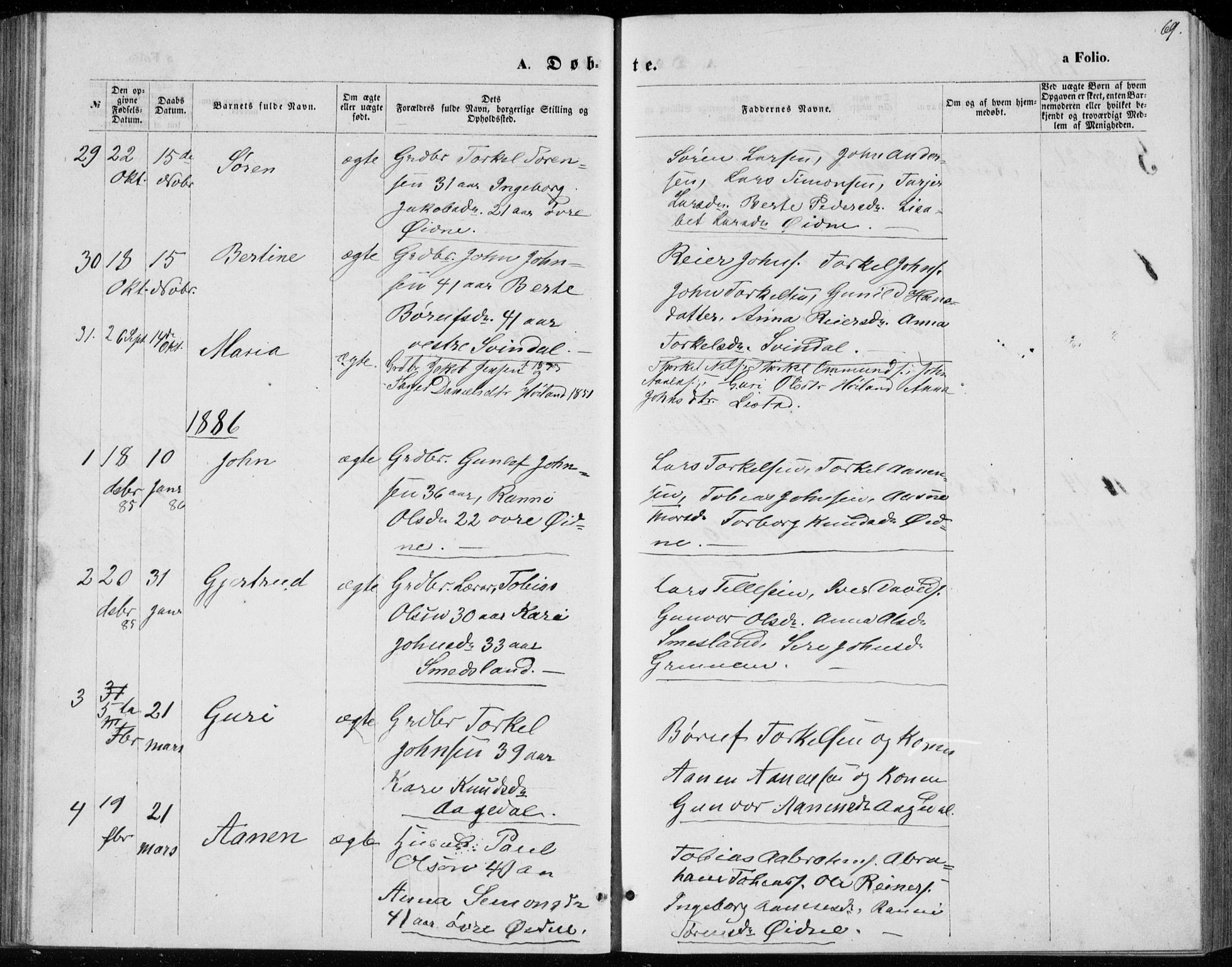 Bjelland sokneprestkontor, SAK/1111-0005/F/Fb/Fbc/L0002: Parish register (copy) no. B 2, 1867-1887, p. 69
