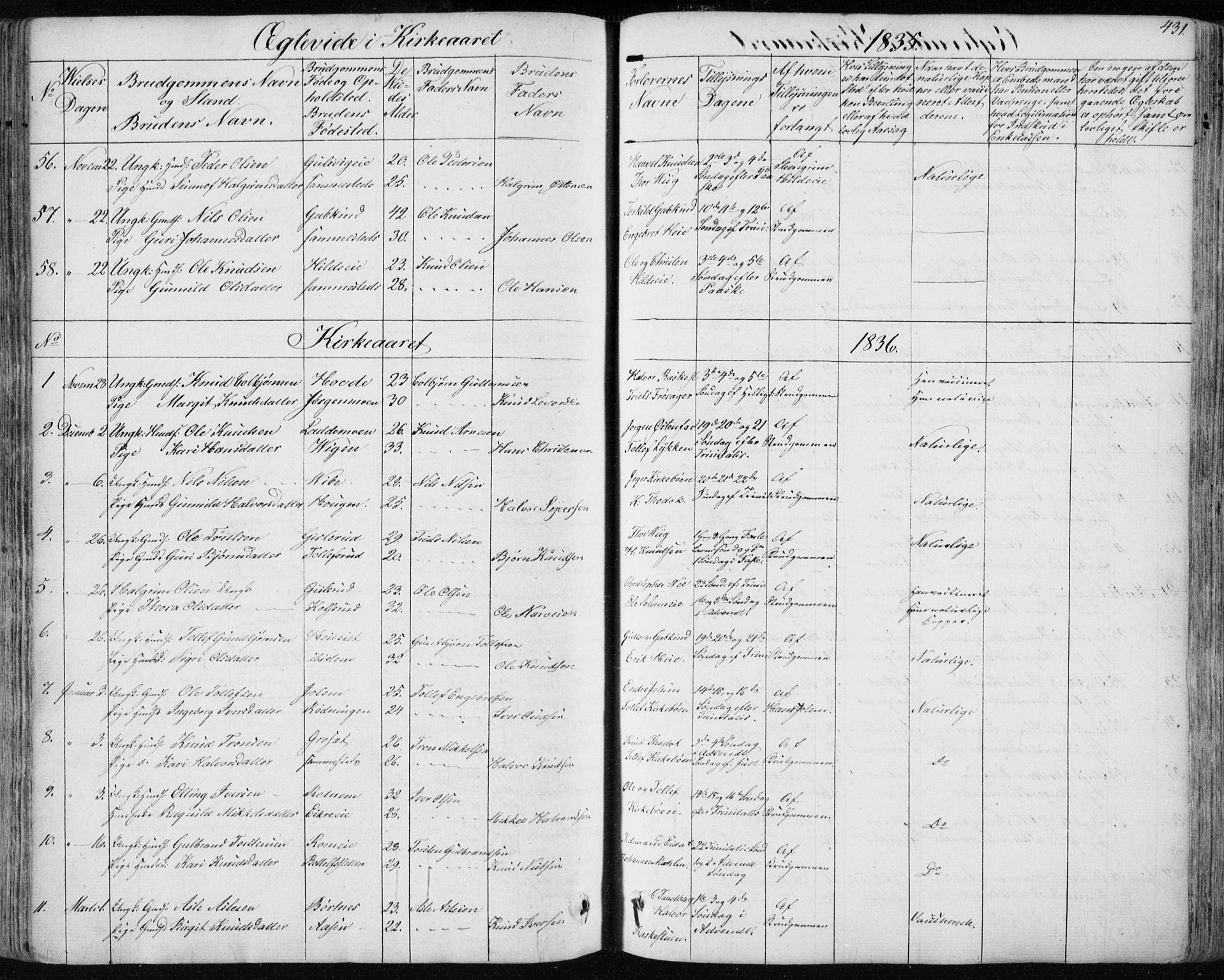 Nes kirkebøker, SAKO/A-236/F/Fa/L0009: Parish register (official) no. 9, 1834-1863, p. 431
