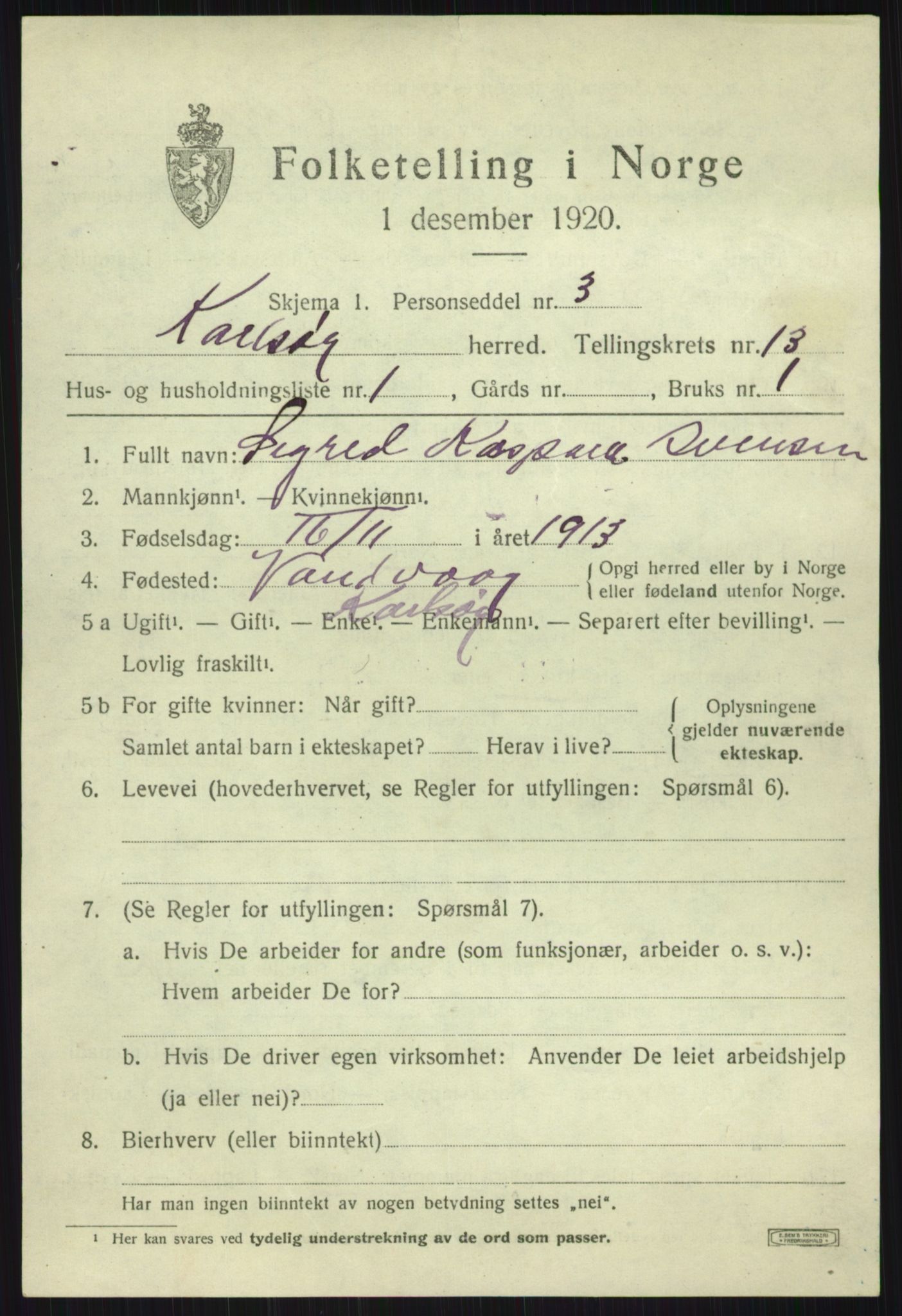 SATØ, 1920 census for Karlsøy, 1920, p. 4460