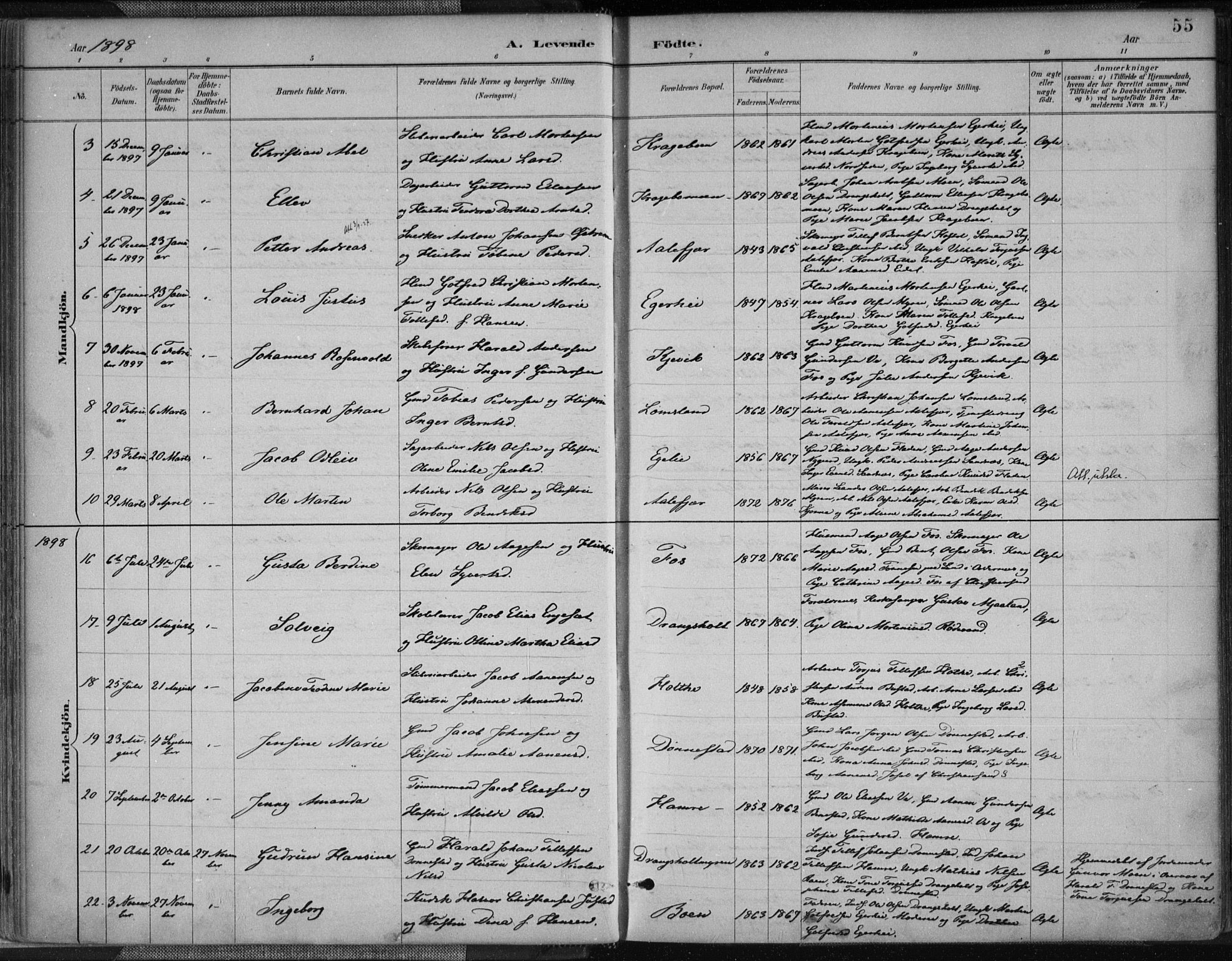 Tveit sokneprestkontor, AV/SAK-1111-0043/F/Fa/L0007: Parish register (official) no. A 7, 1887-1908, p. 55