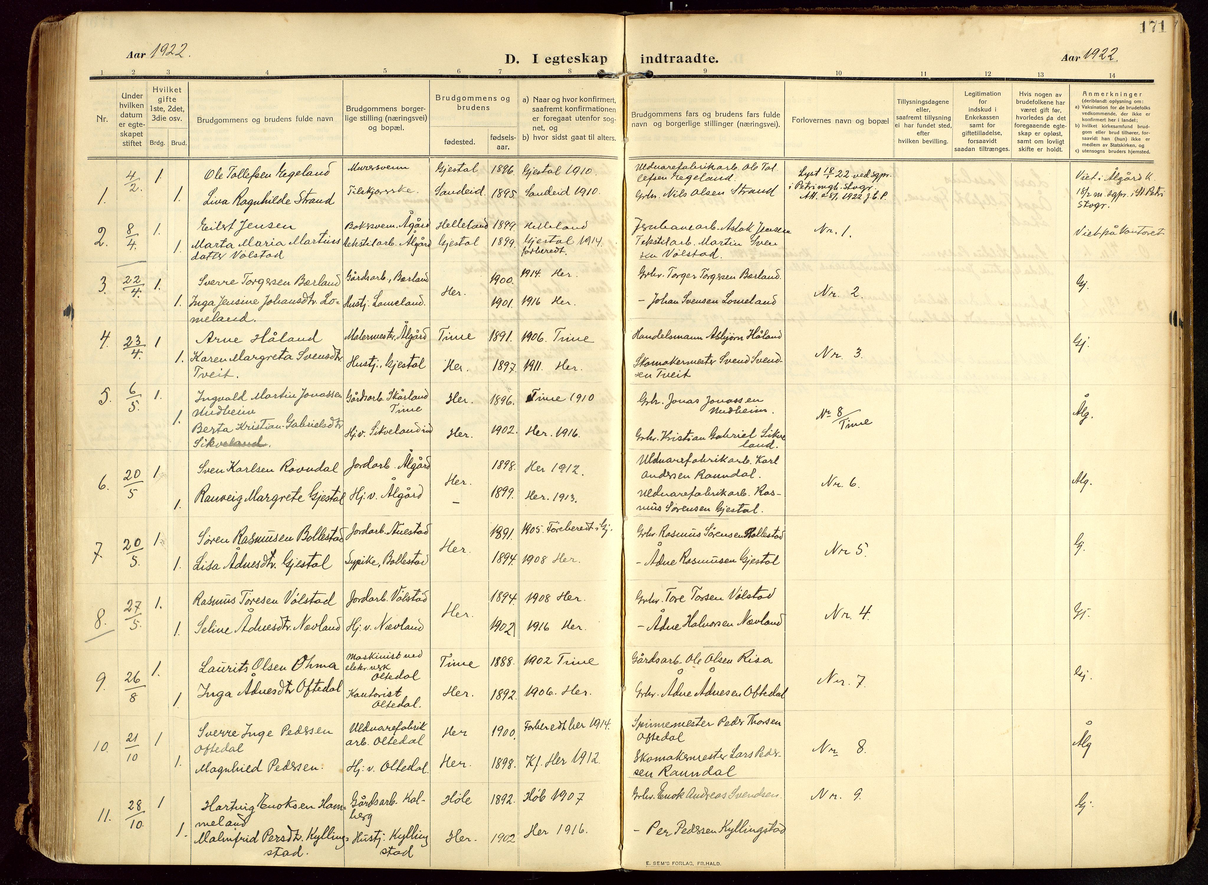 Lye sokneprestkontor, AV/SAST-A-101794/002/B/L0001: Parish register (official) no. A 13, 1910-1925, p. 171