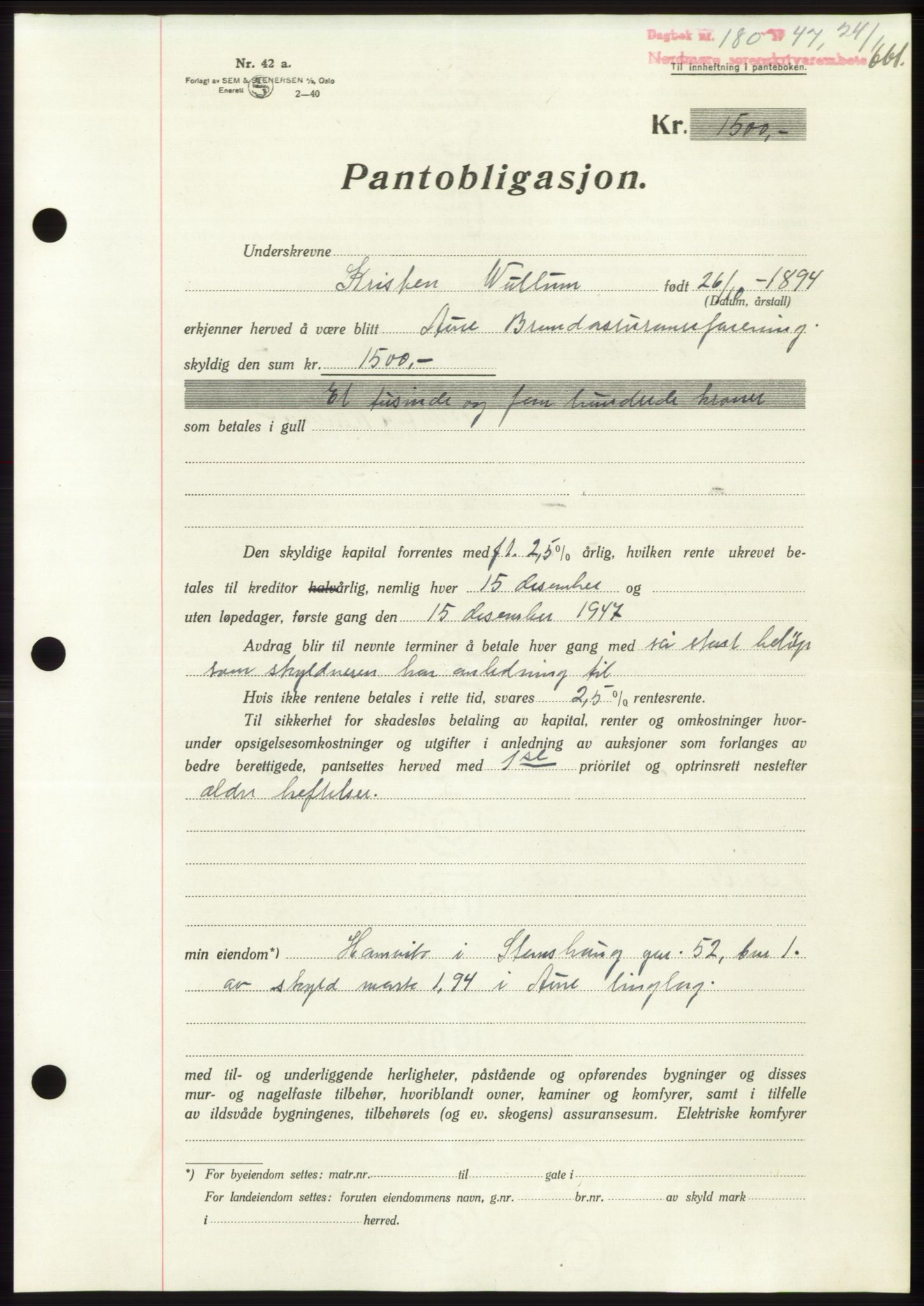 Nordmøre sorenskriveri, AV/SAT-A-4132/1/2/2Ca: Mortgage book no. B95, 1946-1947, Diary no: : 180/1947