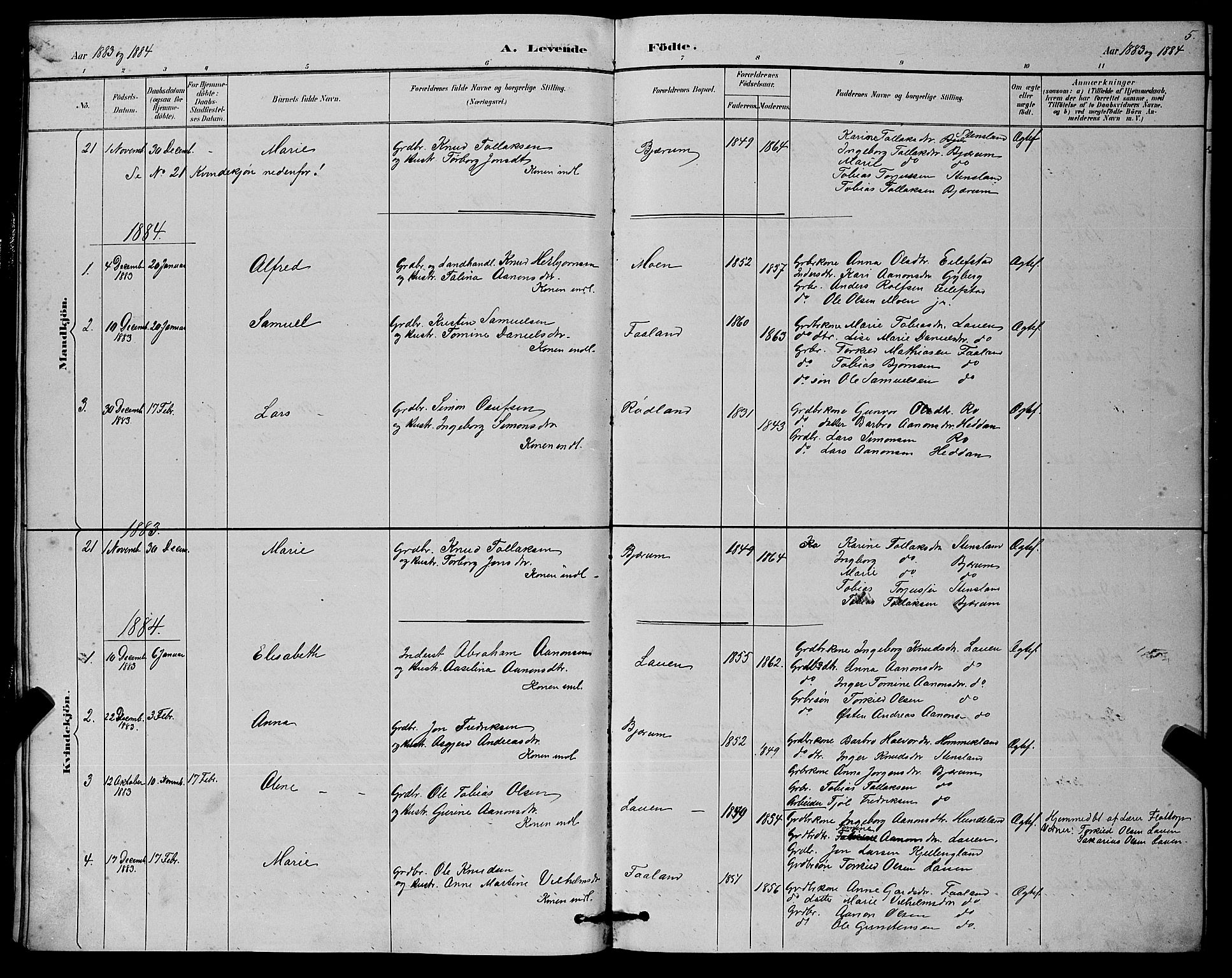 Hægebostad sokneprestkontor, AV/SAK-1111-0024/F/Fb/Fba/L0003: Parish register (copy) no. B 3, 1883-1896, p. 5