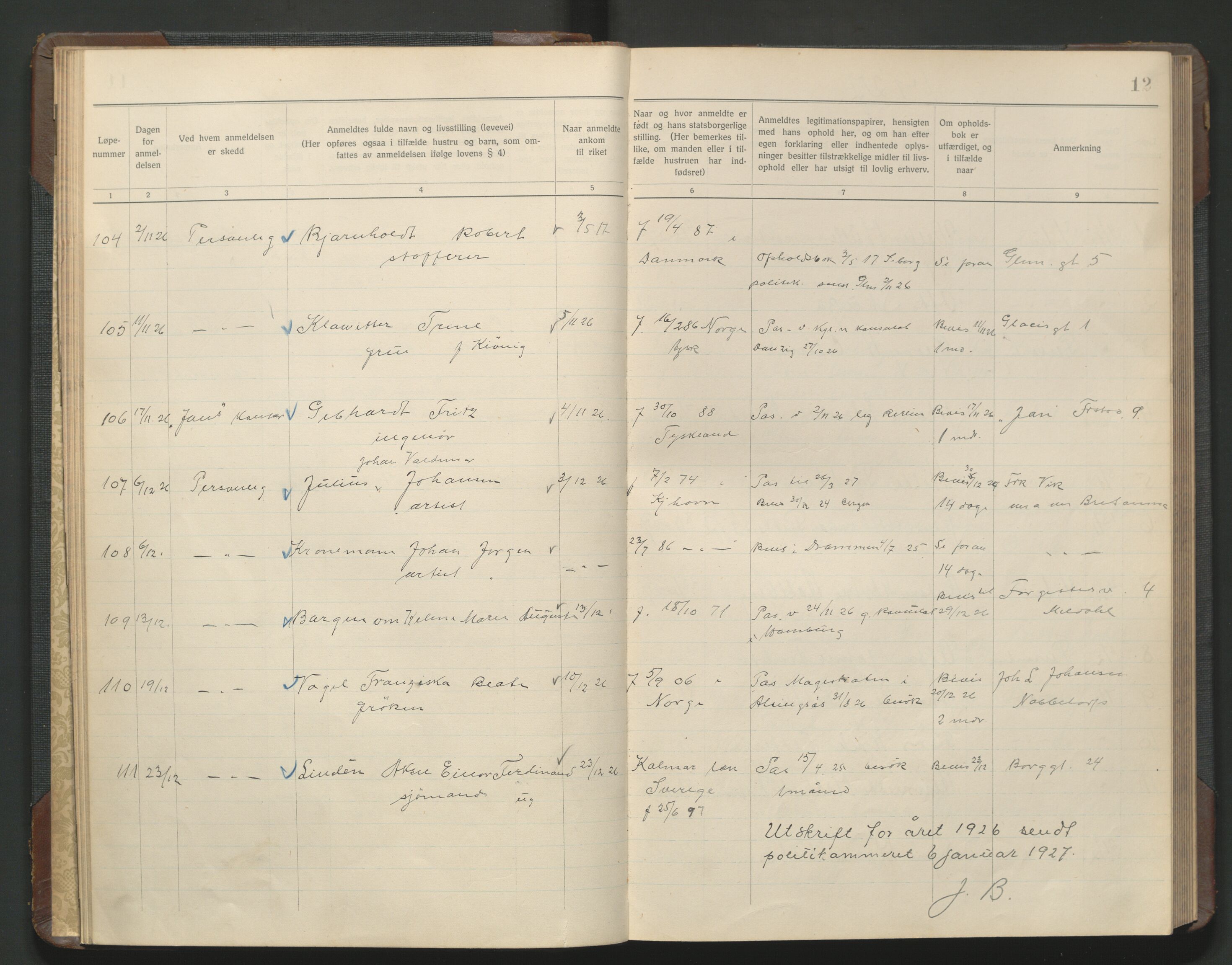 Fredrikstad politikammer, AV/SAO-A-10055/H/Hb/Hba/L0004: Protokoll over fremmede statsborgere, 1926-1927, p. 11b-12a