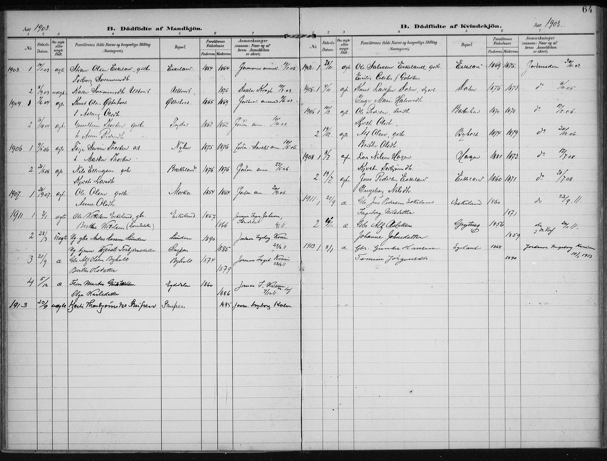 Gjerstad sokneprestkontor, AV/SAK-1111-0014/F/Fa/Faa/L0011: Parish register (official) no. A 11, 1903-1914, p. 64