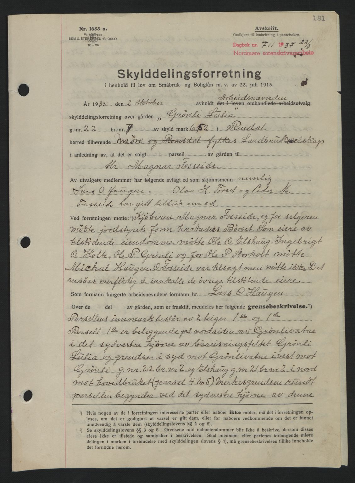 Nordmøre sorenskriveri, AV/SAT-A-4132/1/2/2Ca: Mortgage book no. A81, 1937-1937, Diary no: : 711/1937