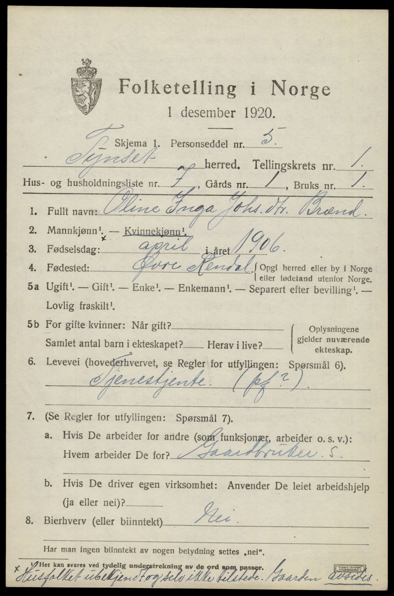 SAH, 1920 census for Tynset, 1920, p. 1602