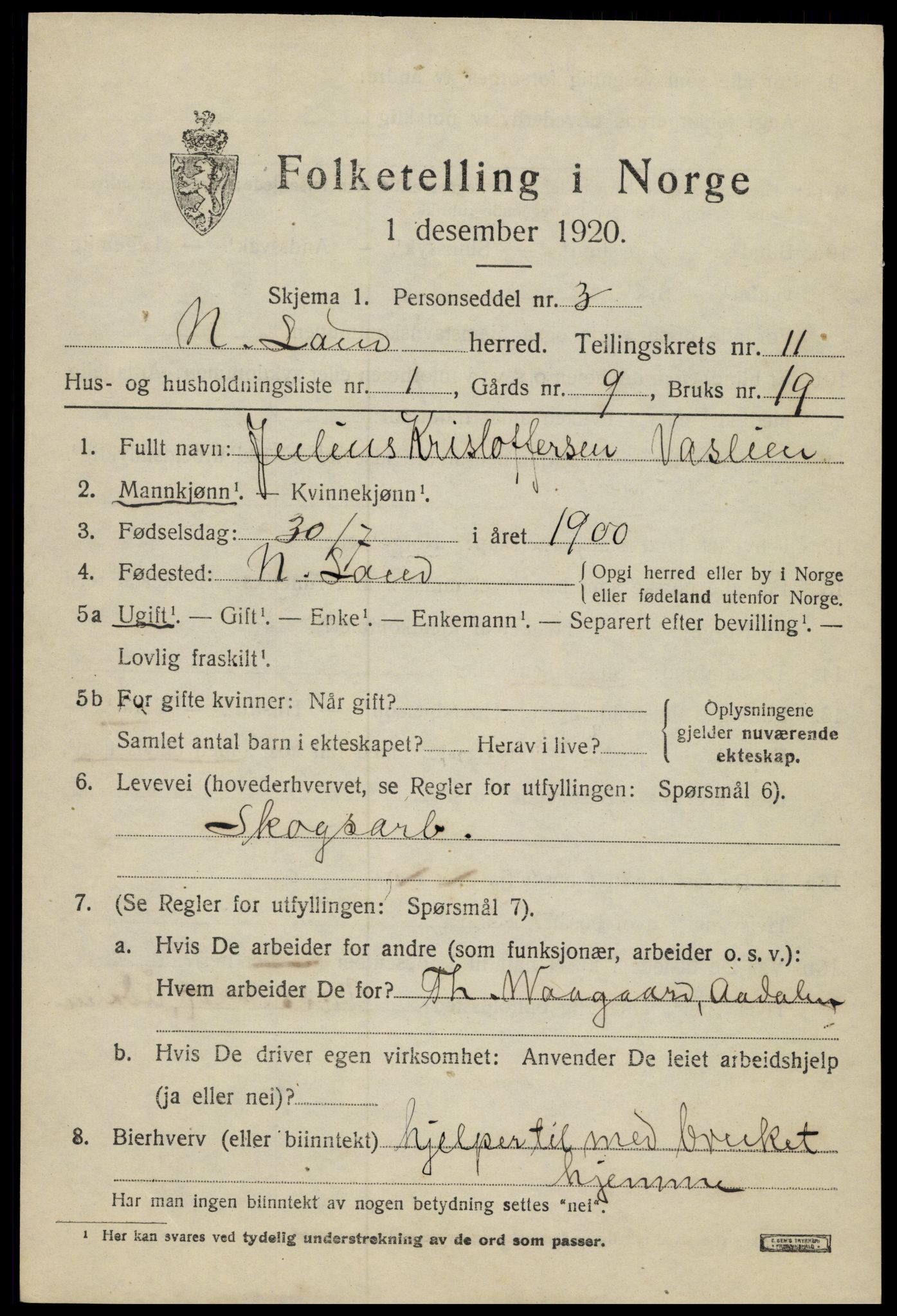 SAH, 1920 census for Nordre Land, 1920, p. 5662