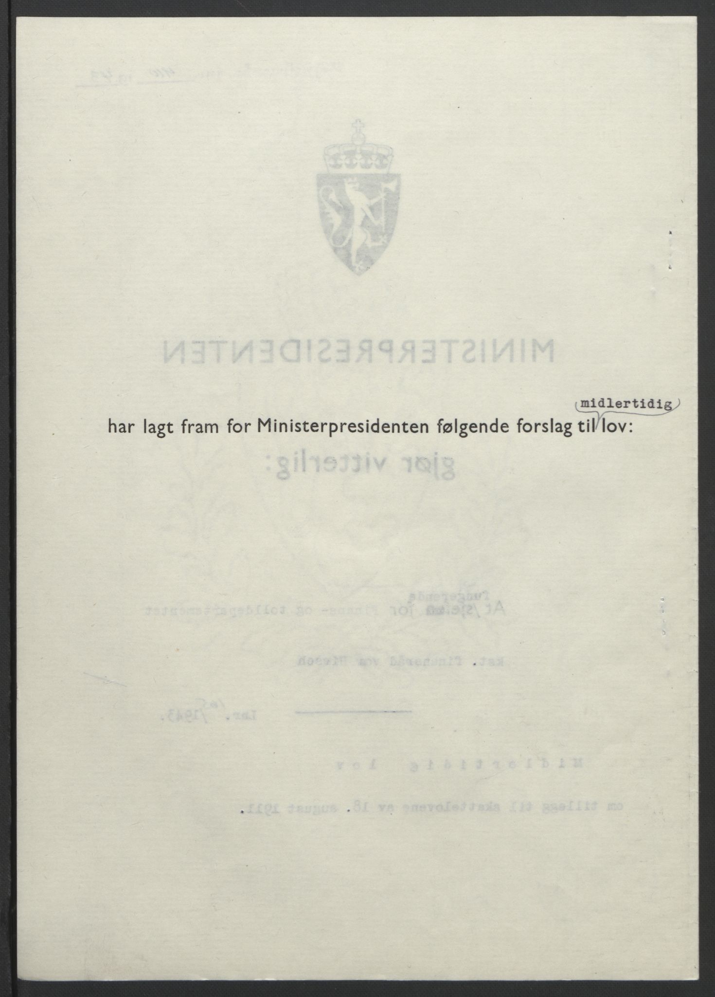 NS-administrasjonen 1940-1945 (Statsrådsekretariatet, de kommisariske statsråder mm), RA/S-4279/D/Db/L0099: Lover, 1943, p. 780