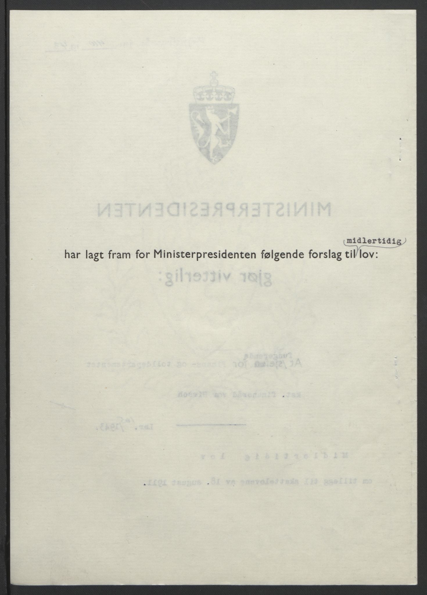 NS-administrasjonen 1940-1945 (Statsrådsekretariatet, de kommisariske statsråder mm), AV/RA-S-4279/D/Db/L0099: Lover, 1943, p. 780