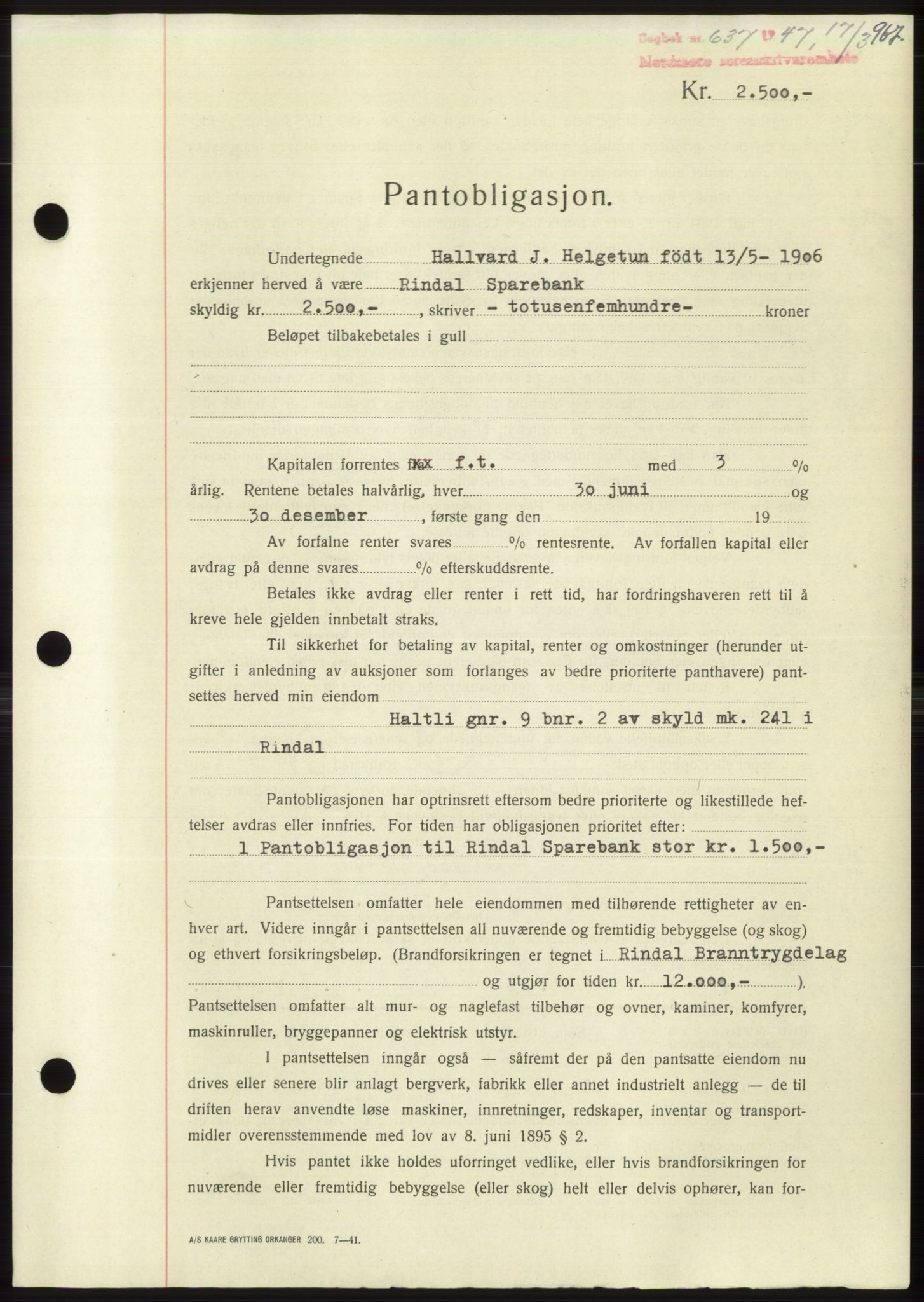 Nordmøre sorenskriveri, AV/SAT-A-4132/1/2/2Ca: Mortgage book no. B95, 1946-1947, Diary no: : 637/1947