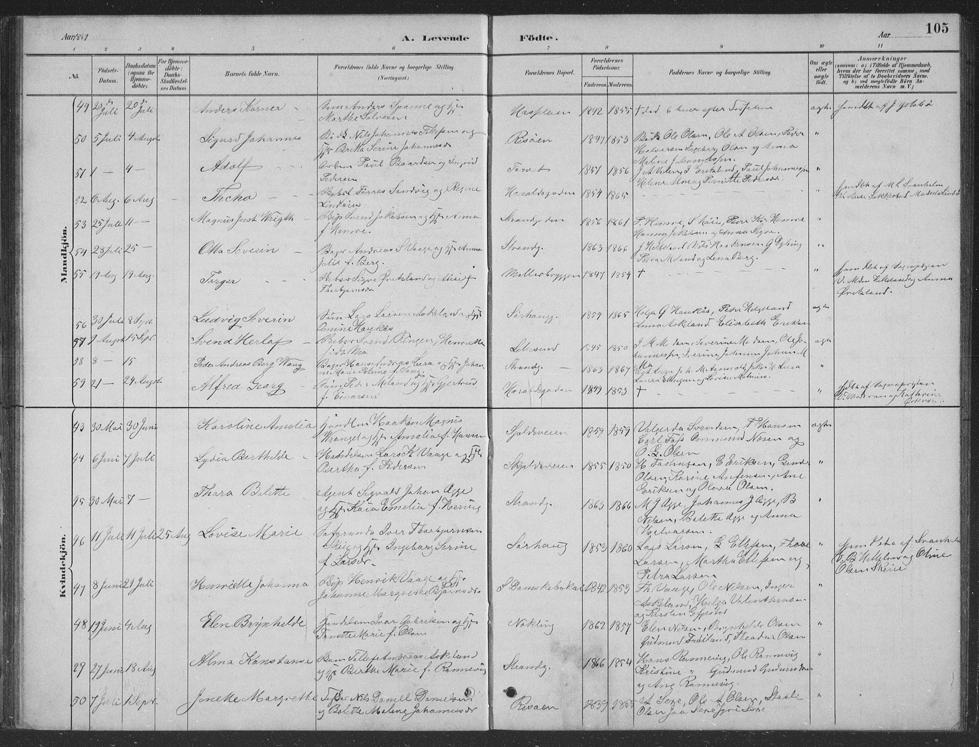 Haugesund sokneprestkontor, AV/SAST-A -101863/H/Ha/Hab/L0002: Parish register (copy) no. B 2, 1881-1894, p. 105