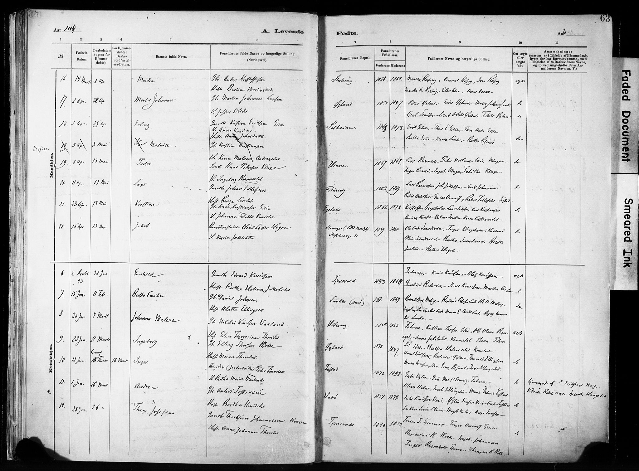 Hetland sokneprestkontor, SAST/A-101826/30/30BA/L0011: Parish register (official) no. A 11, 1884-1911, p. 63