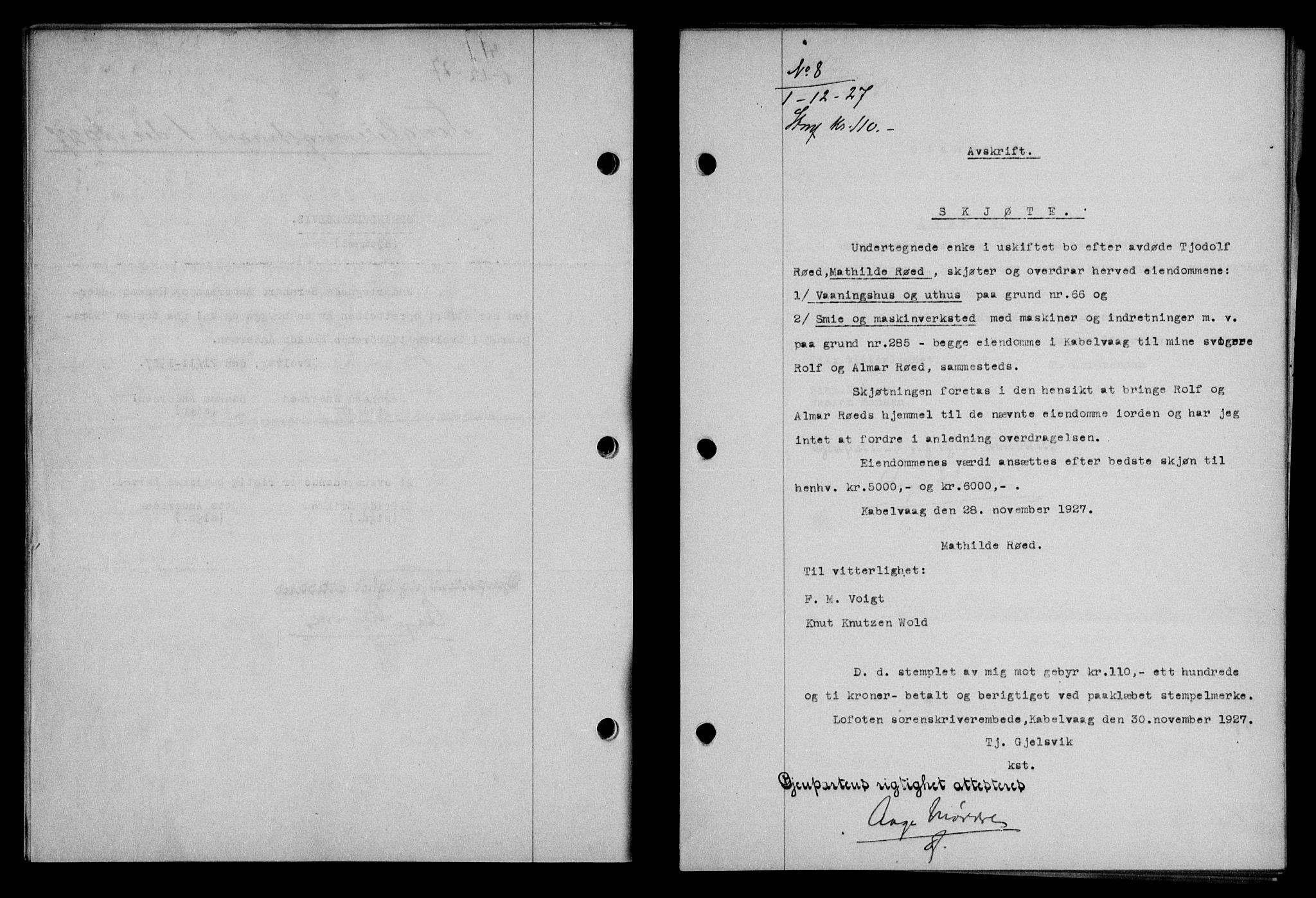 Lofoten sorenskriveri, AV/SAT-A-0017/1/2/2C/L0016b: Mortgage book no. 16b, 1927-1927, Deed date: 01.12.1927